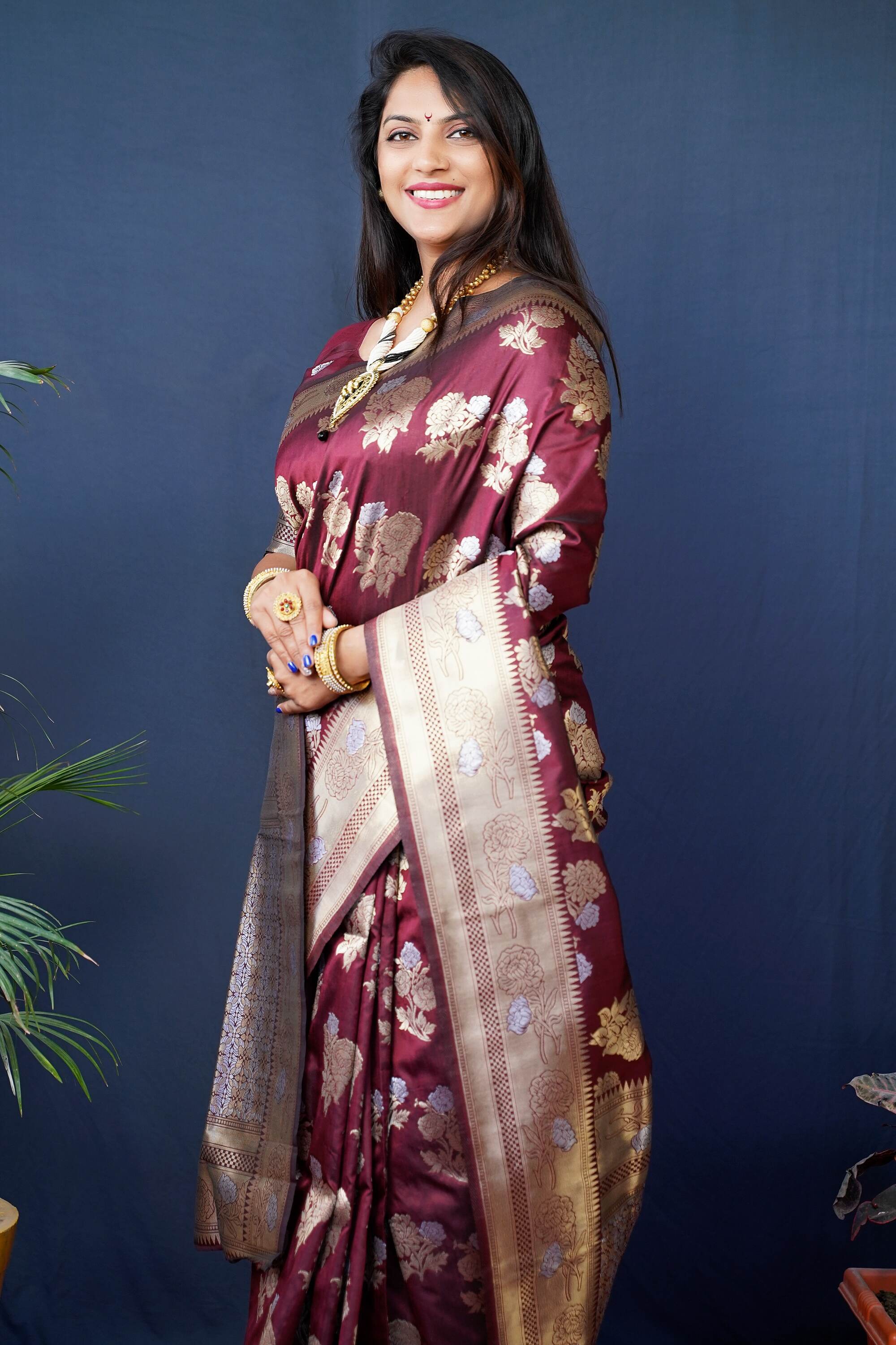 Wine Kanjivaram Silk Woven Zari Saree with Blouse Piece