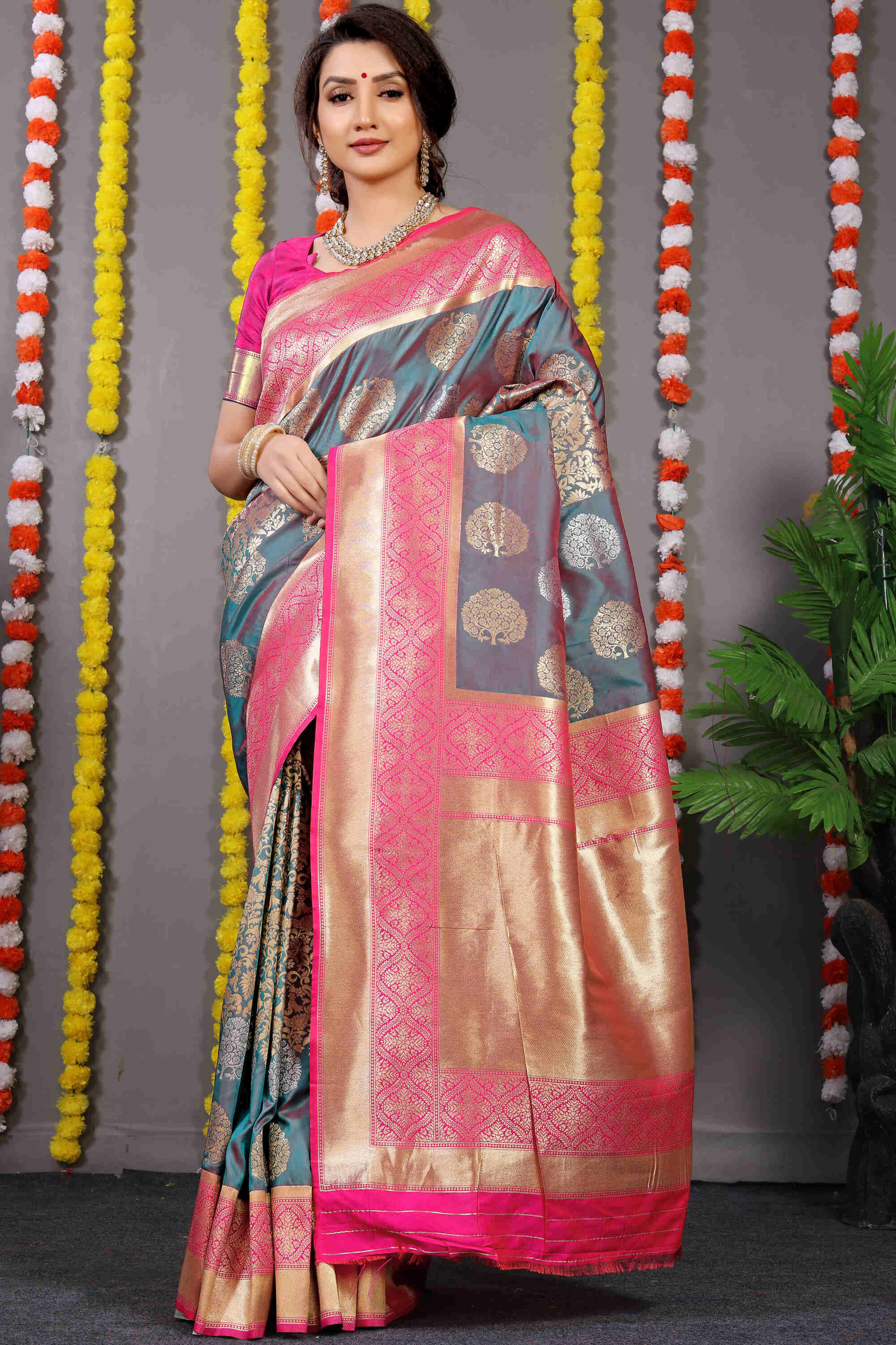 Grey Soft Banarasi Silk Woven Zari Saree