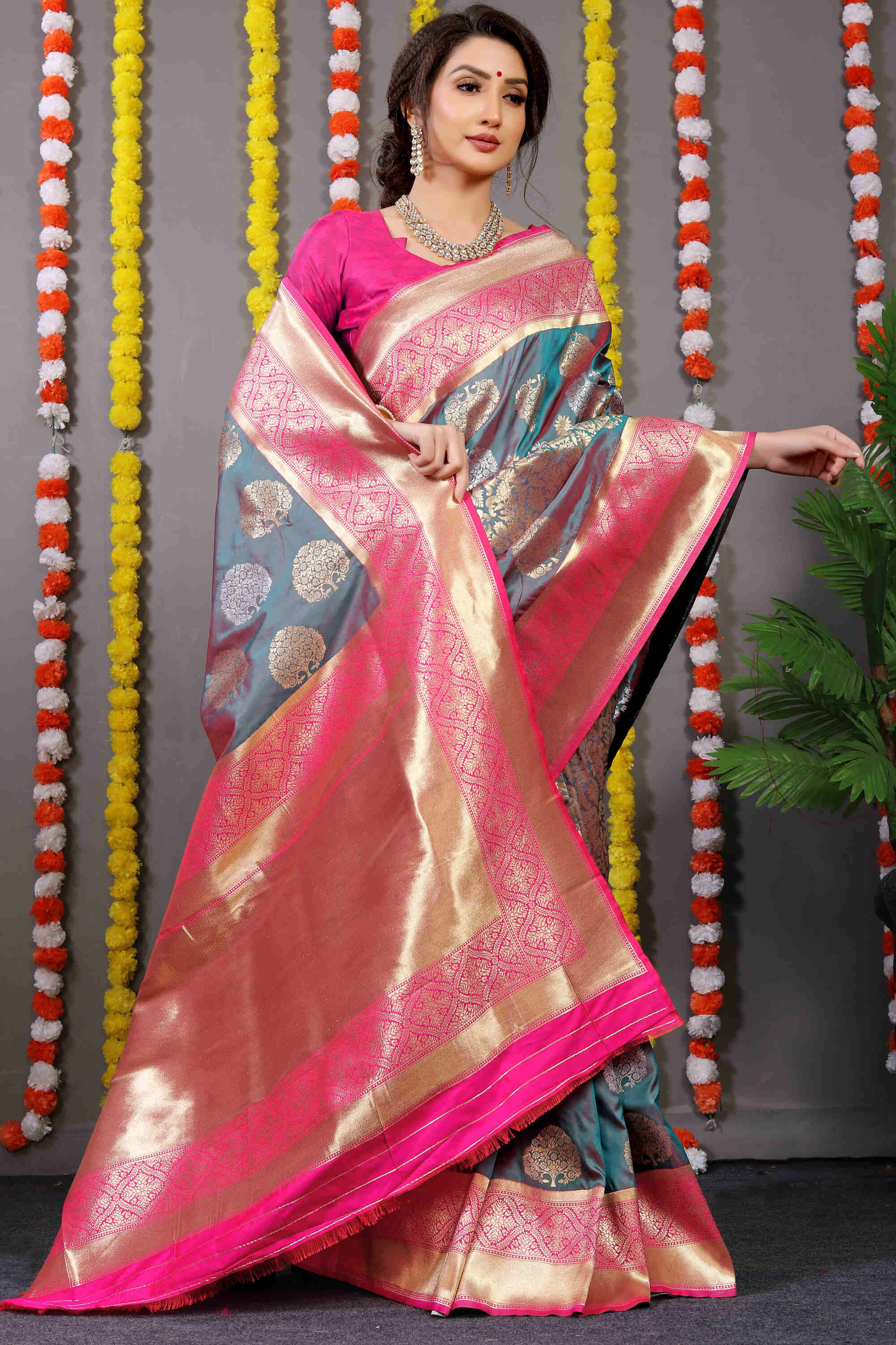 Grey Soft Banarasi Silk Woven Zari Saree