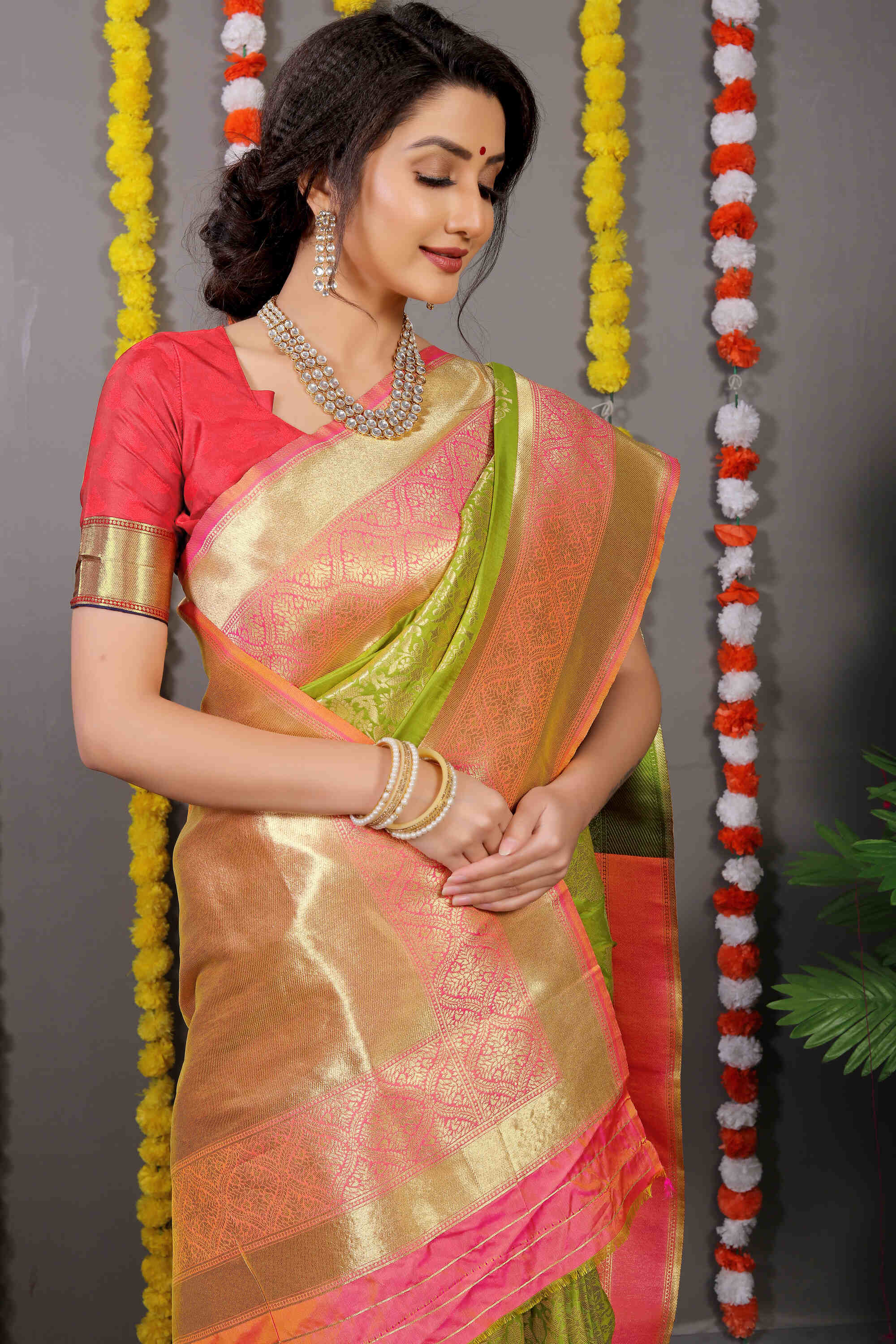 Green Soft Banarasi Silk Saree With  Blouse Piece