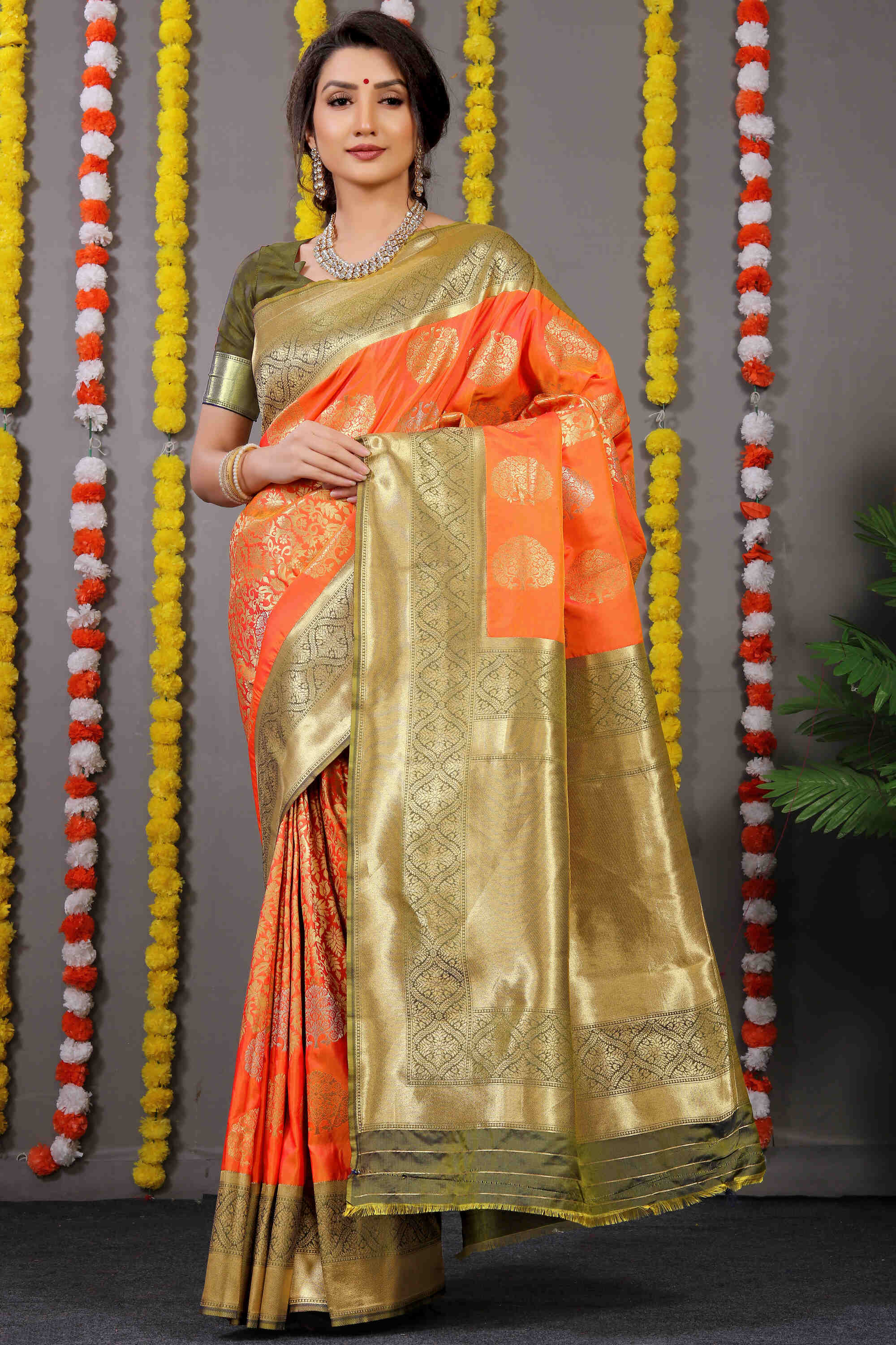 Orange Soft Banarasi Silk Woven Zari Saree