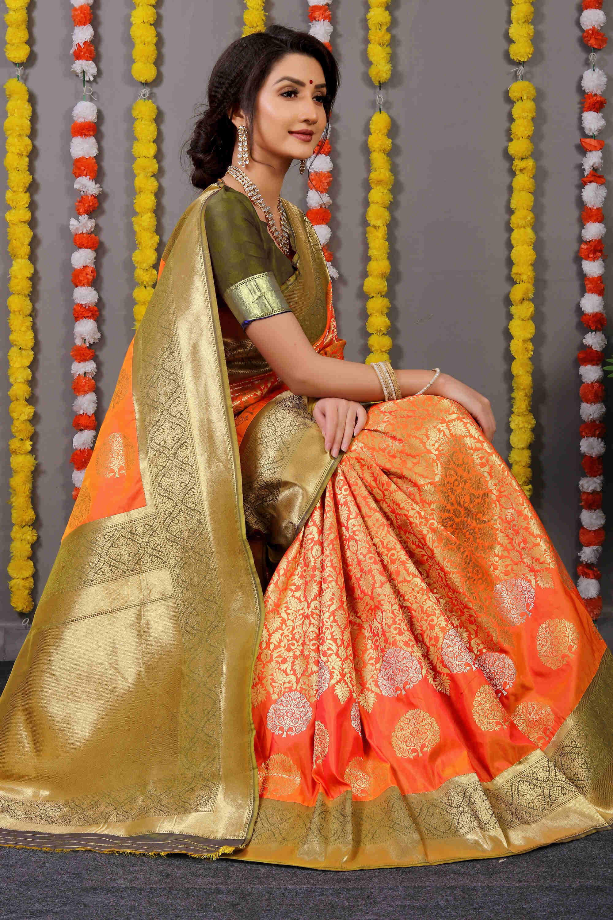 Orange Soft Banarasi Silk Woven Zari Saree