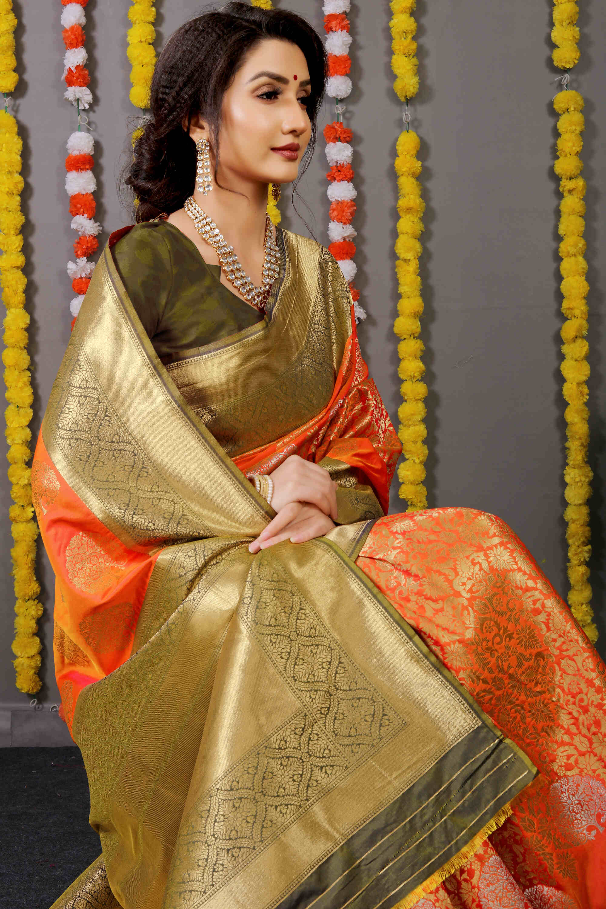 Orange Soft Banarasi Silk Woven Zari Saree