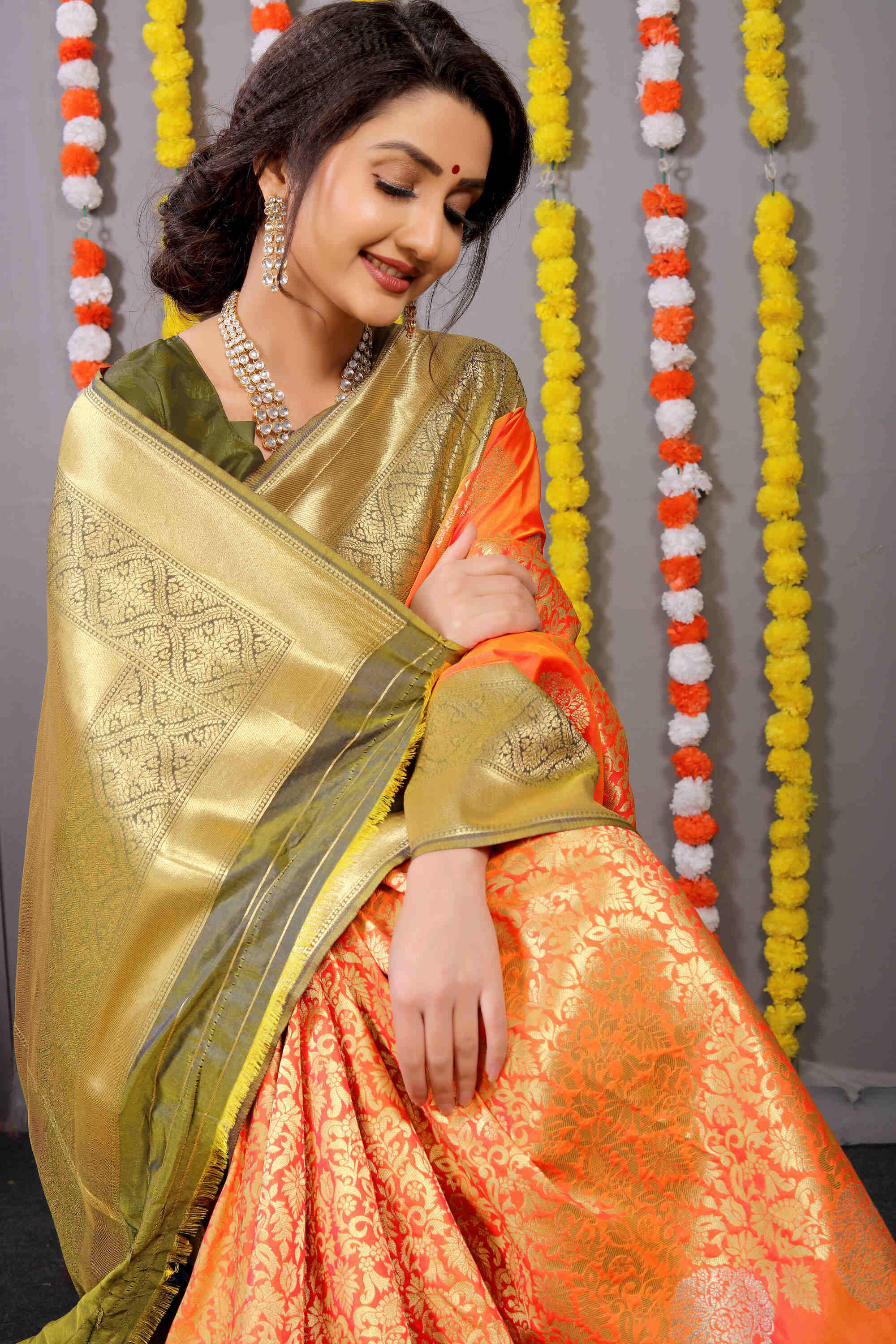 Orange Soft Banarasi Silk Woven Zari Saree