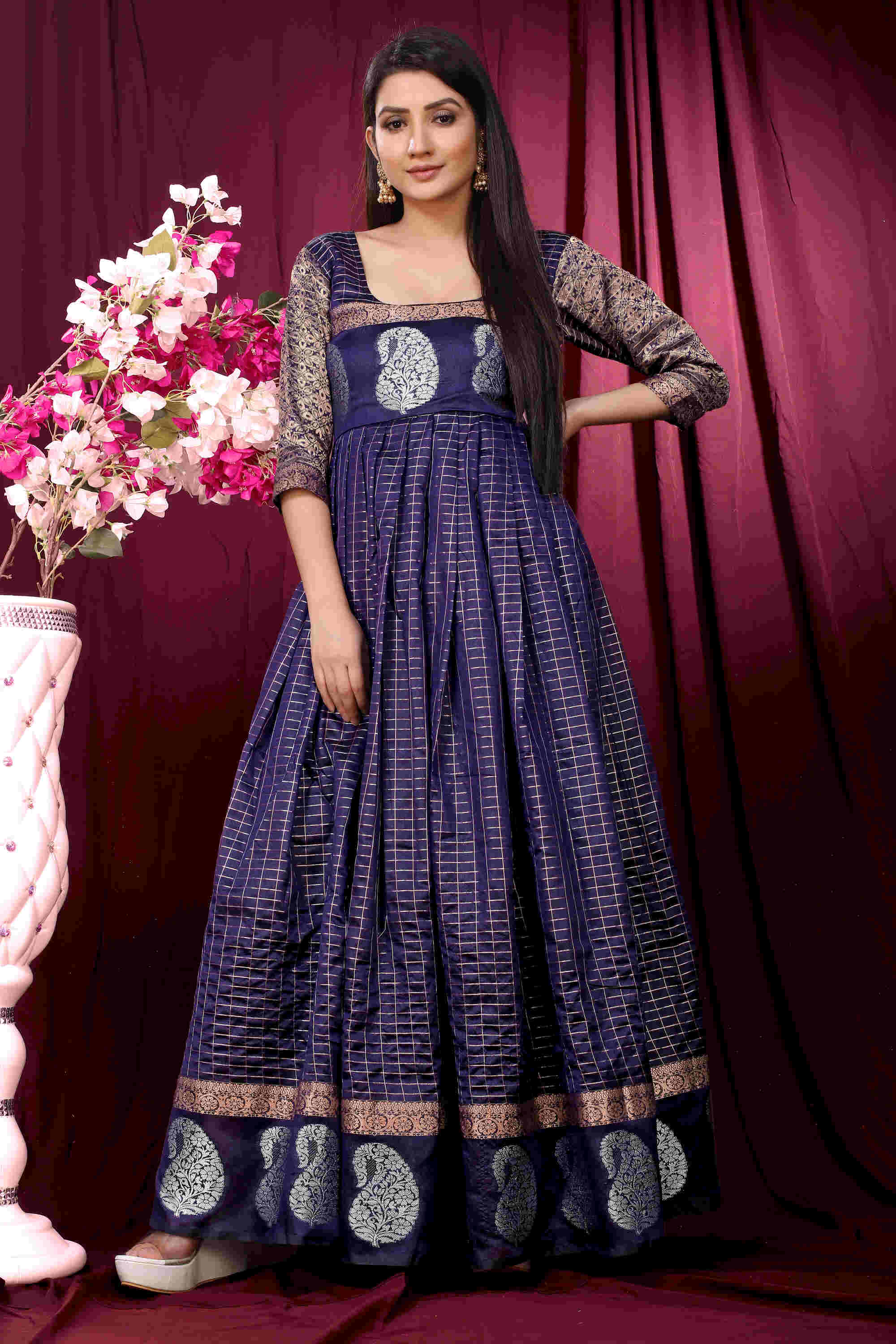 Royal Blue Silk Woven Zari Gown