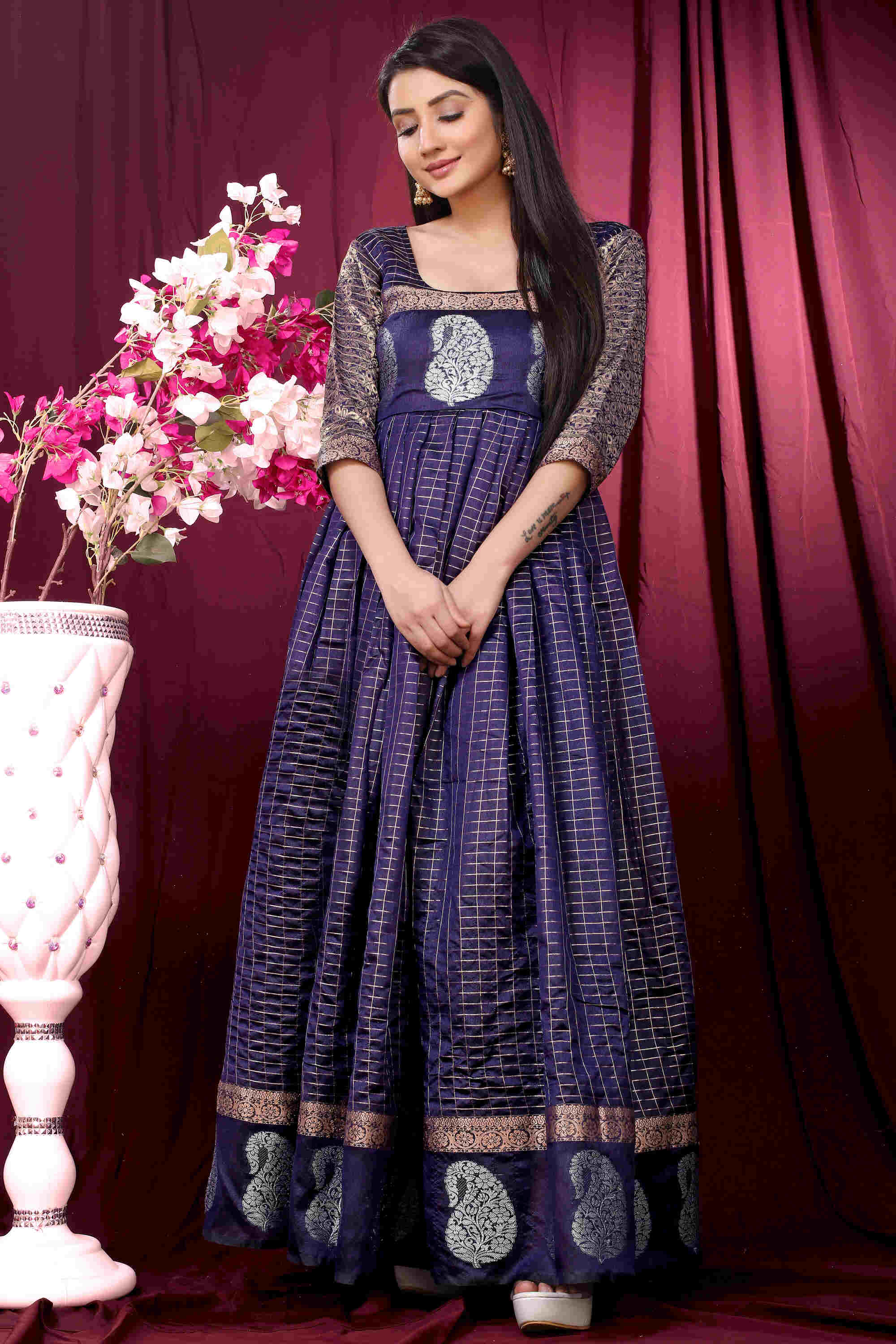 Royal Blue Silk Woven Zari Gown