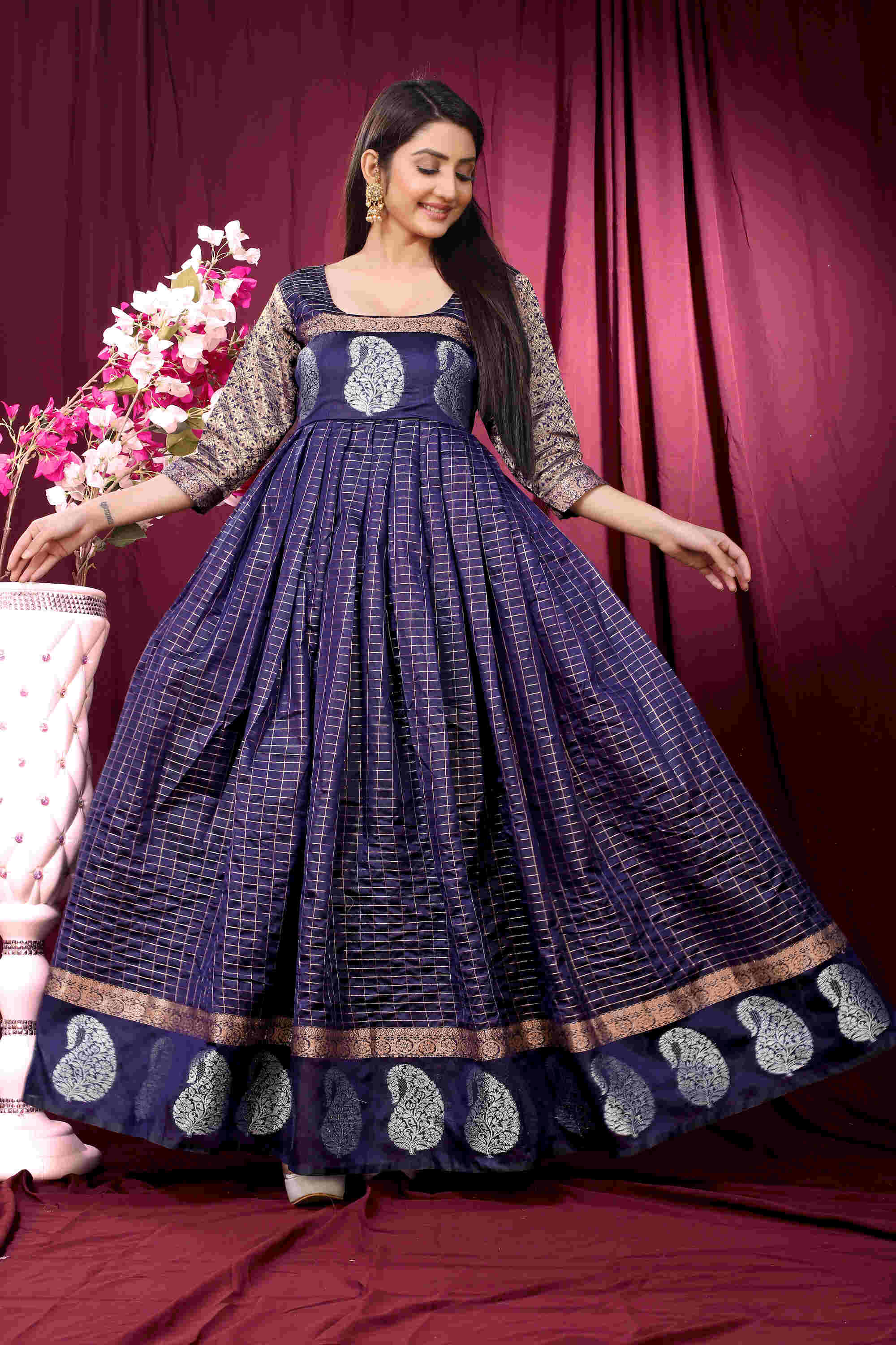 Royal Blue Silk Woven Zari Gown