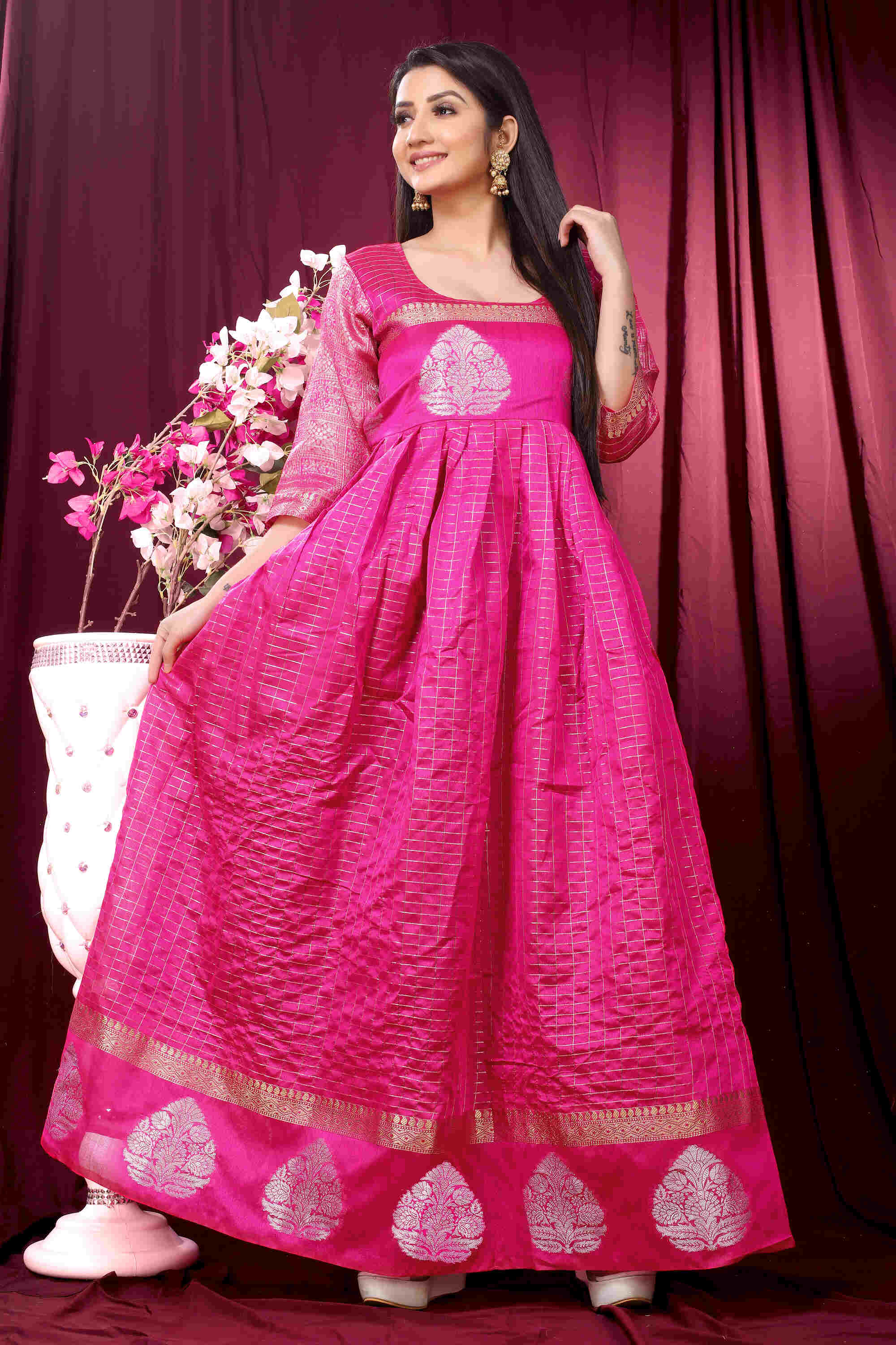 Anarkali Style Festive Wear Pink Zari Weaving Work Checks Gown