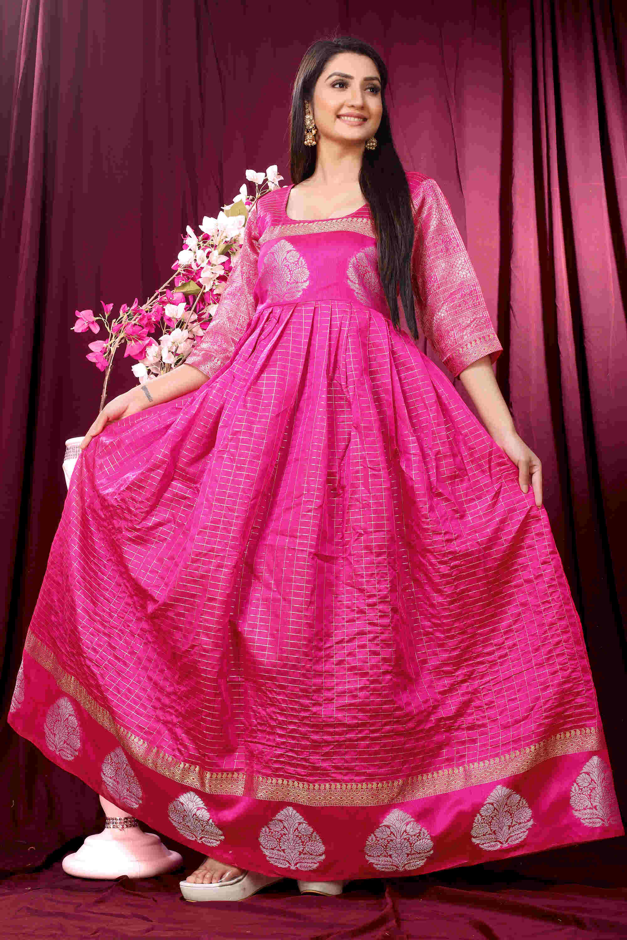Anarkali Style Festive Wear Pink Zari Weaving Work Checks Gown