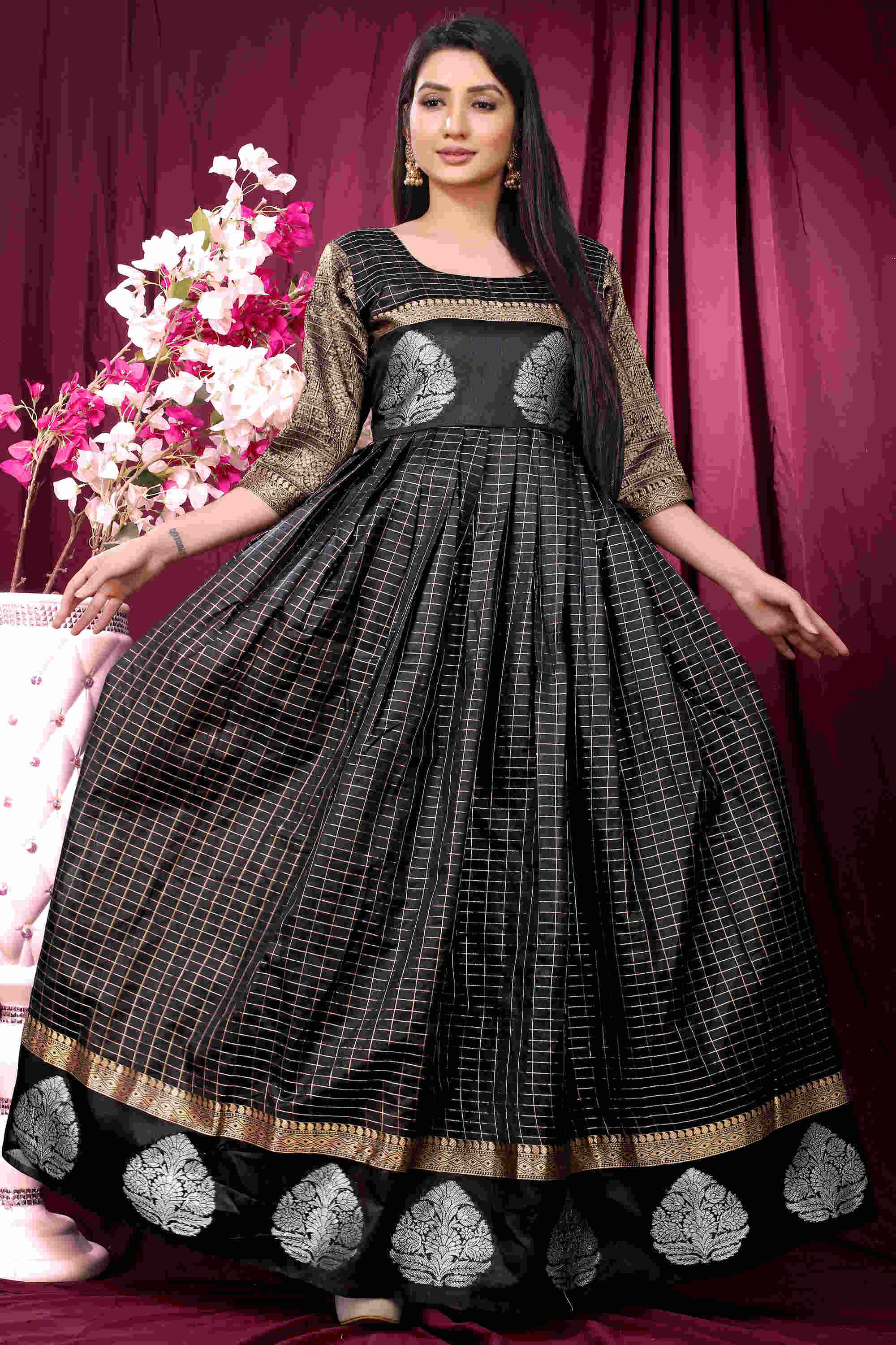Anarkali Style Festive Wear Black Zari Weaving Work Checks Gown