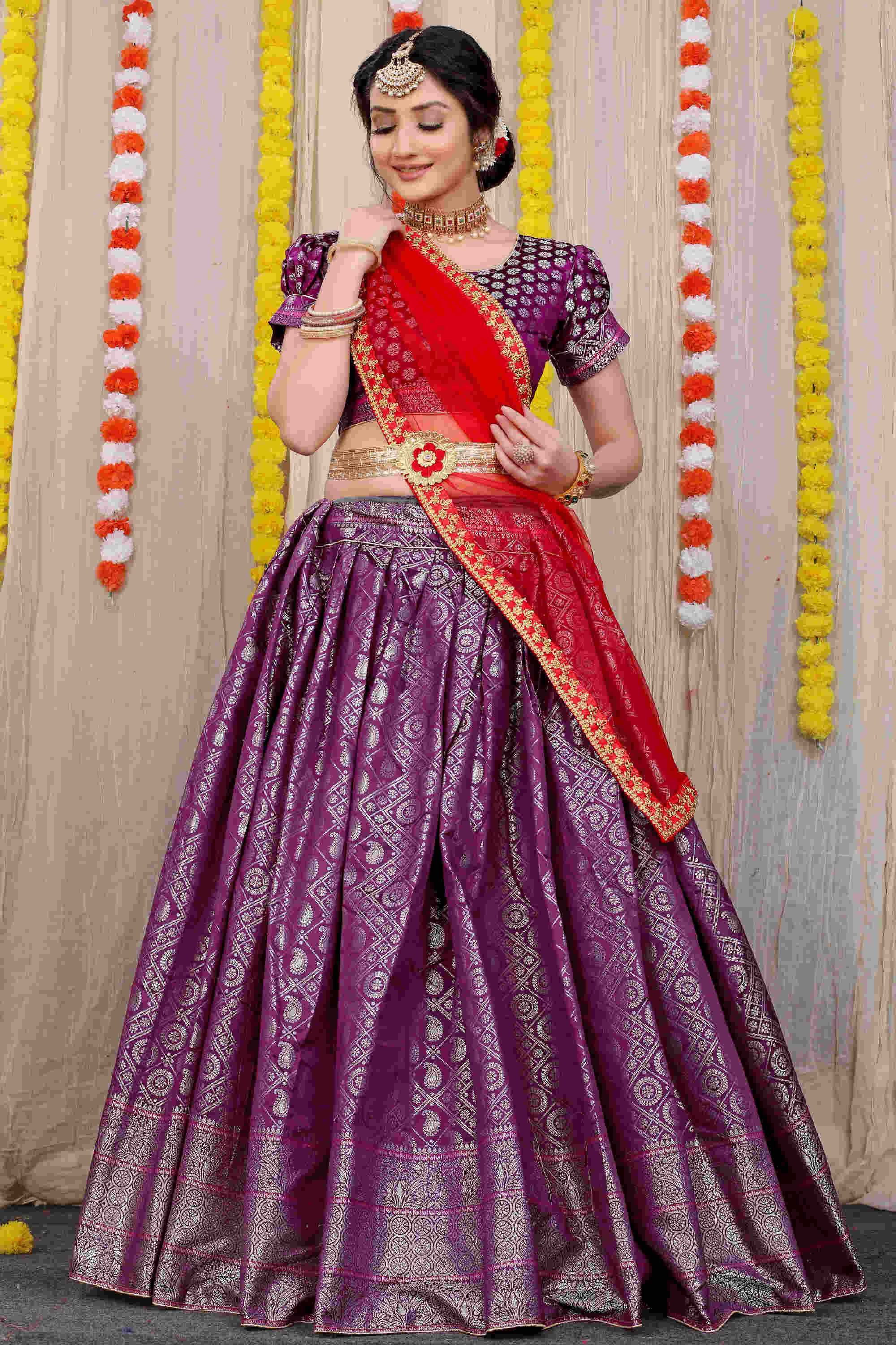 Purple color kanchipuram lehenga with zari weaving