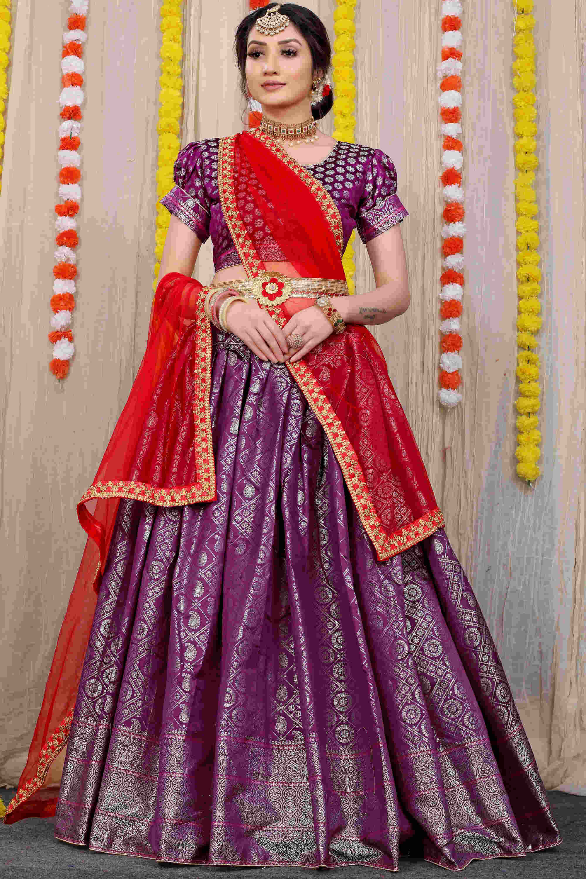 Purple color kanchipuram lehenga with zari weaving