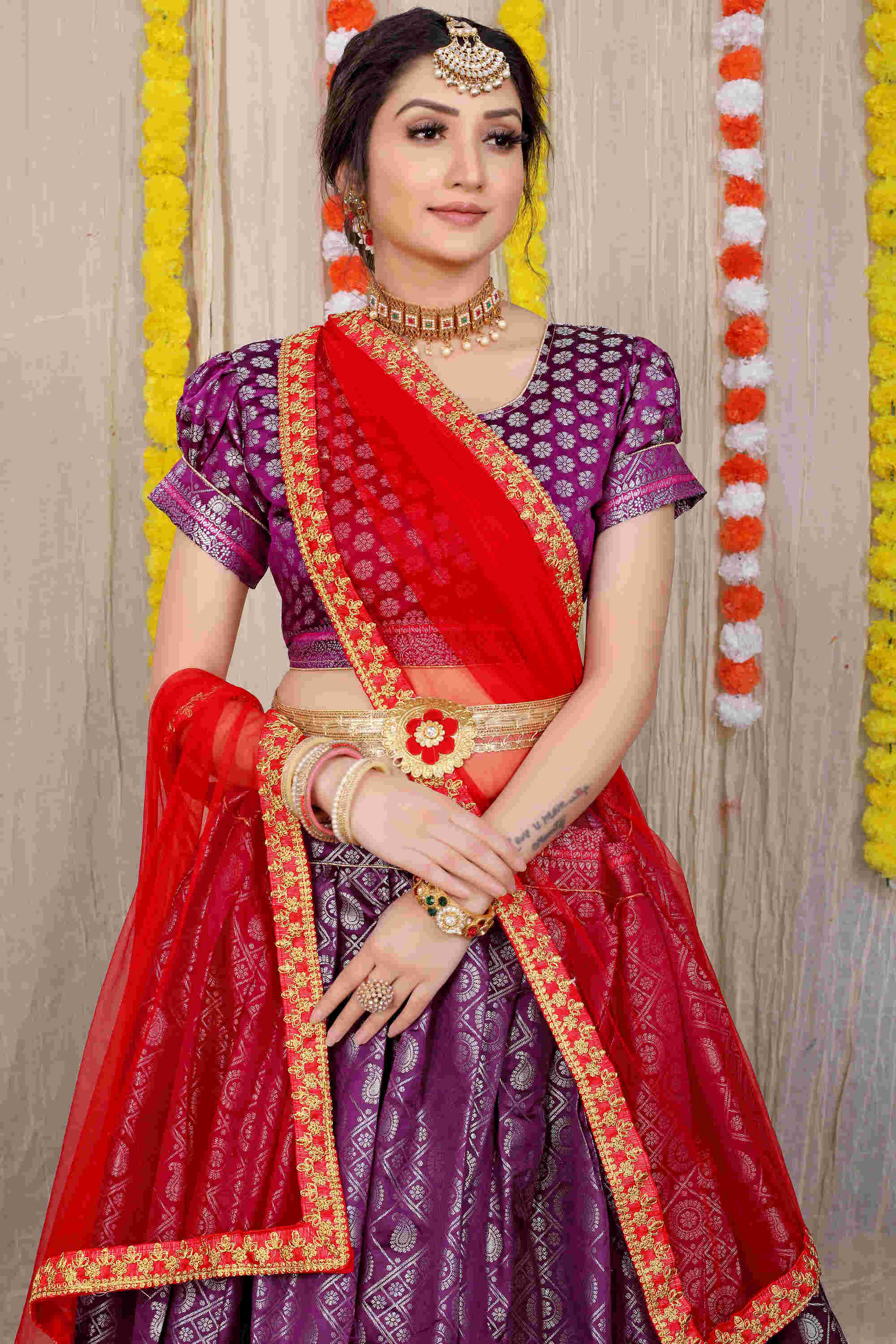 Purple color kanchipuram lehenga with zari weaving