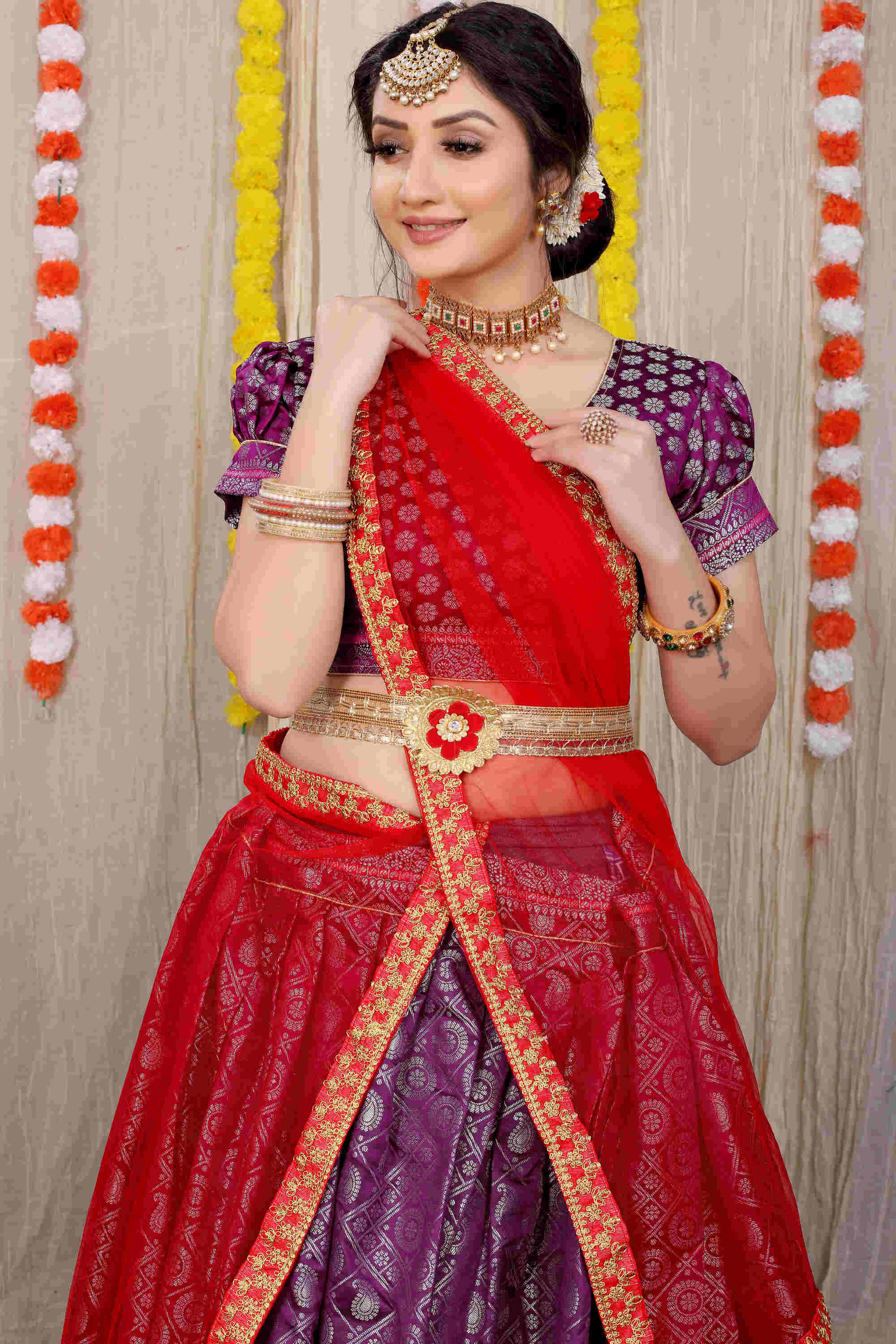 Purple color kanchipuram lehenga with zari weaving