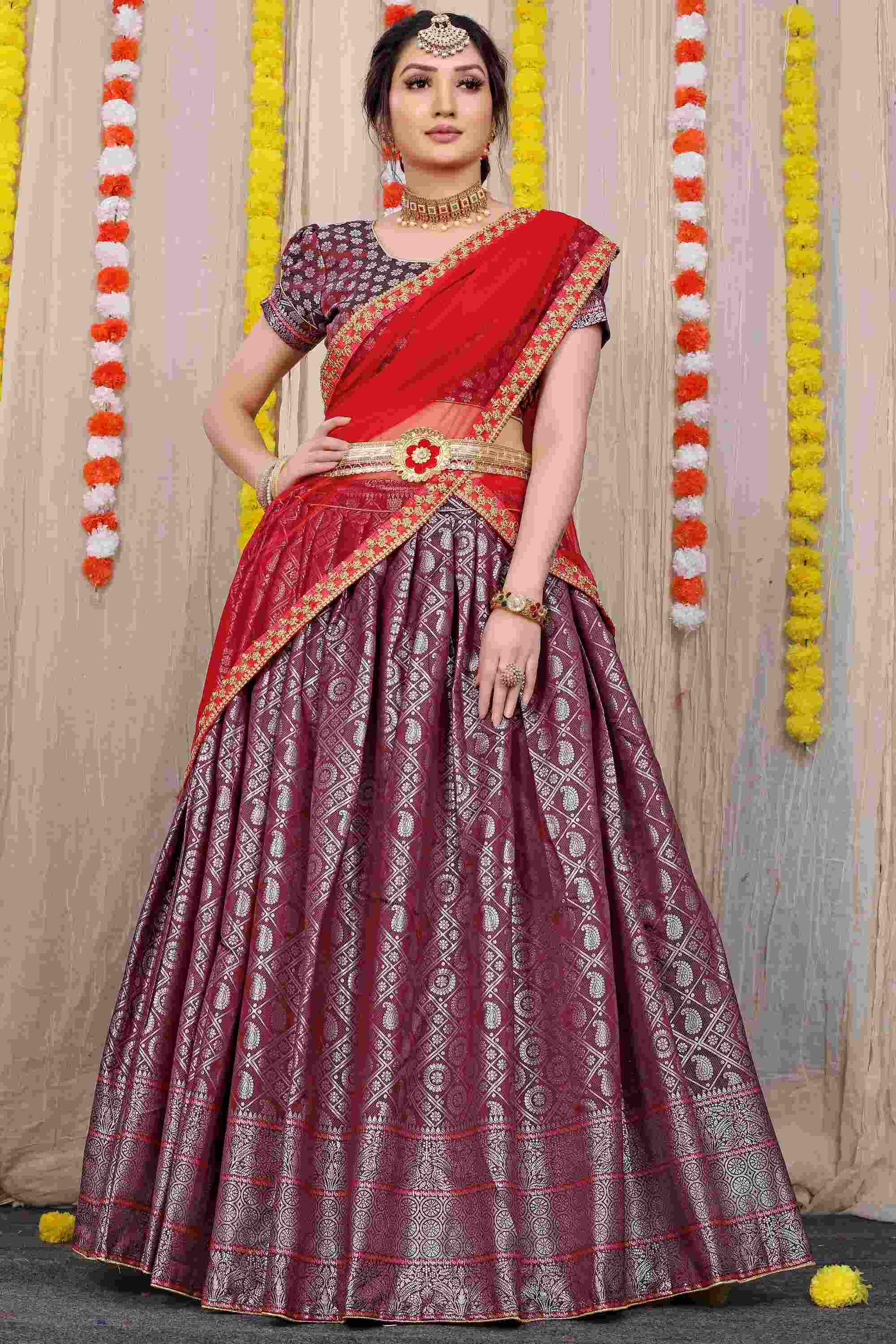 Brown color kanchipuram lehenga with zari weaving