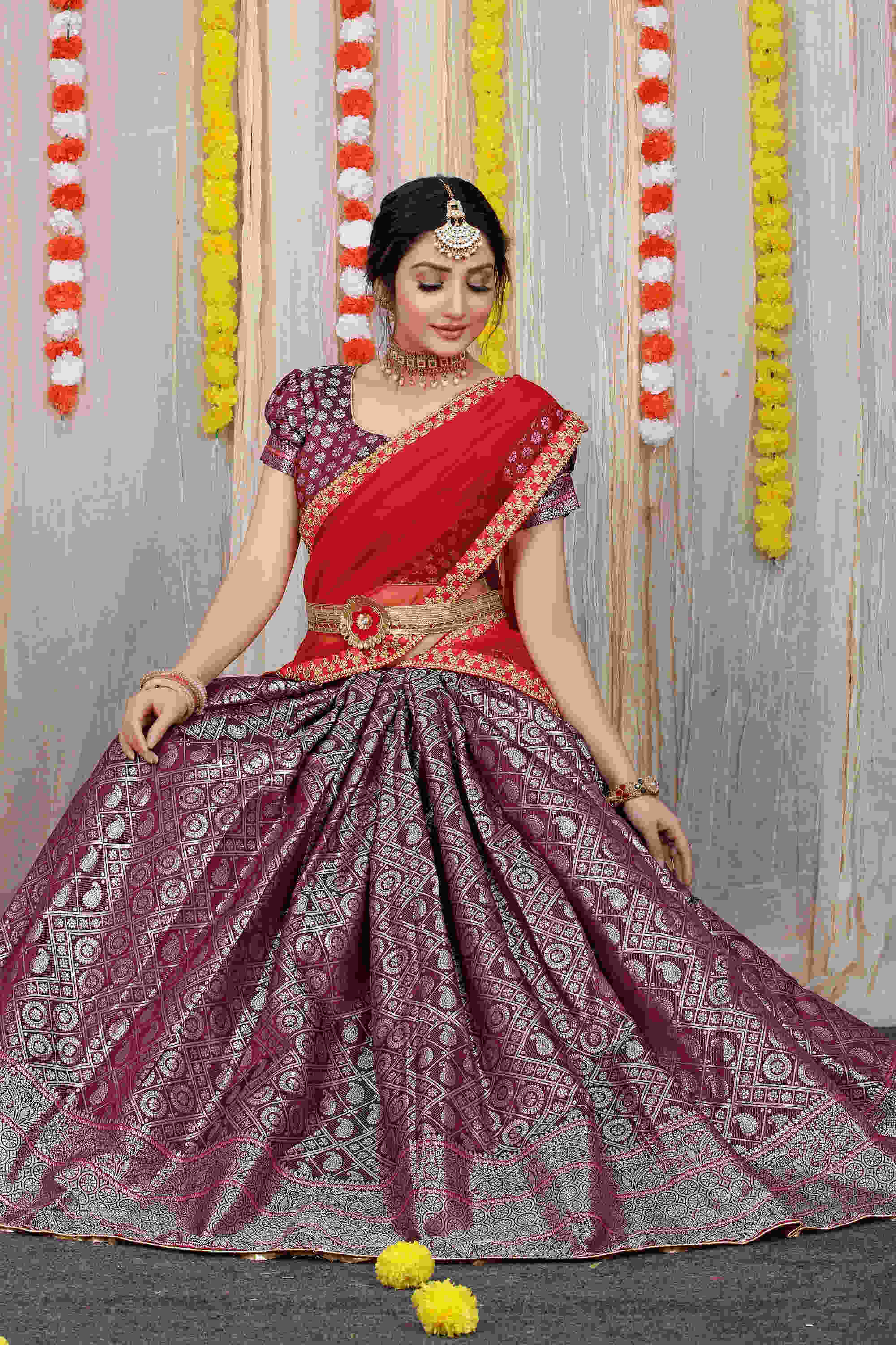 Brown color kanchipuram lehenga with zari weaving