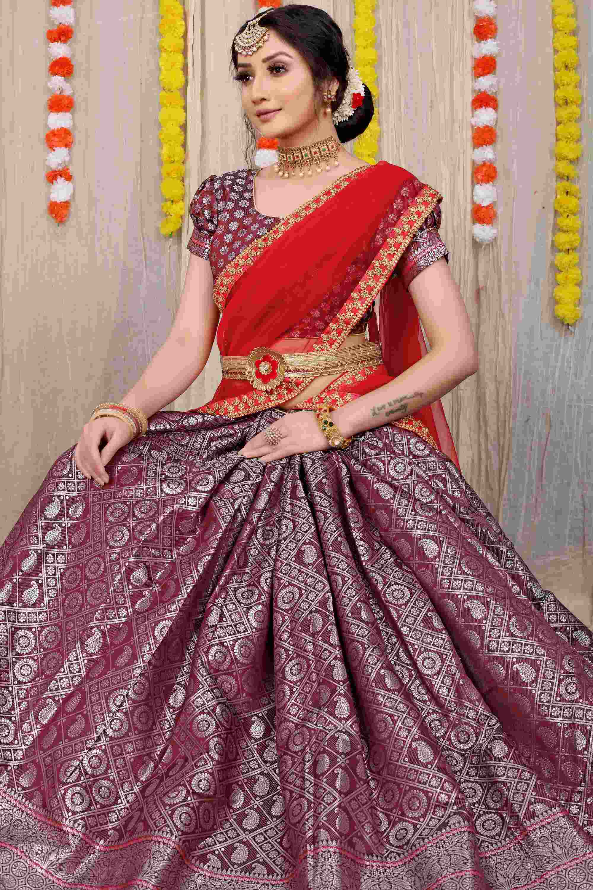 Brown color kanchipuram lehenga with zari weaving