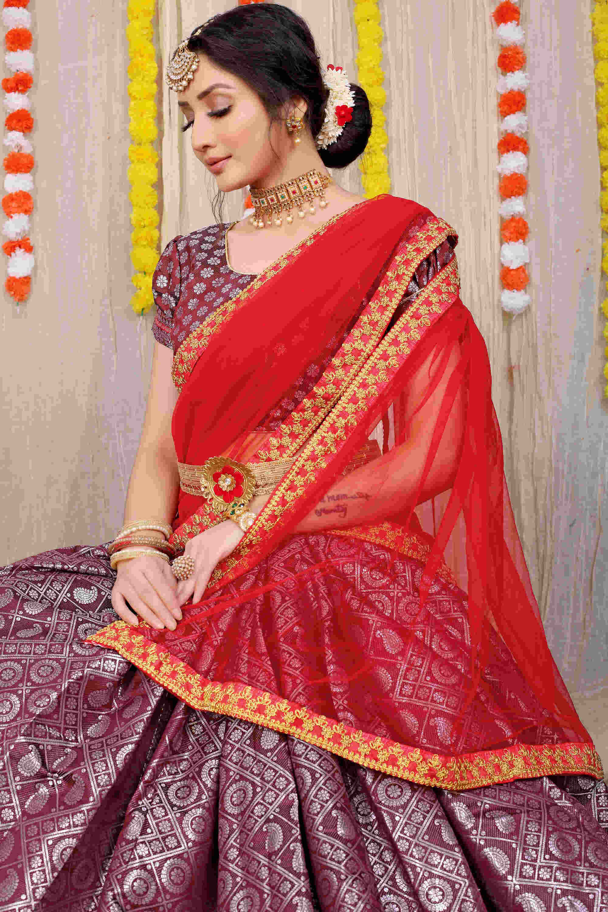 Brown color kanchipuram lehenga with zari weaving