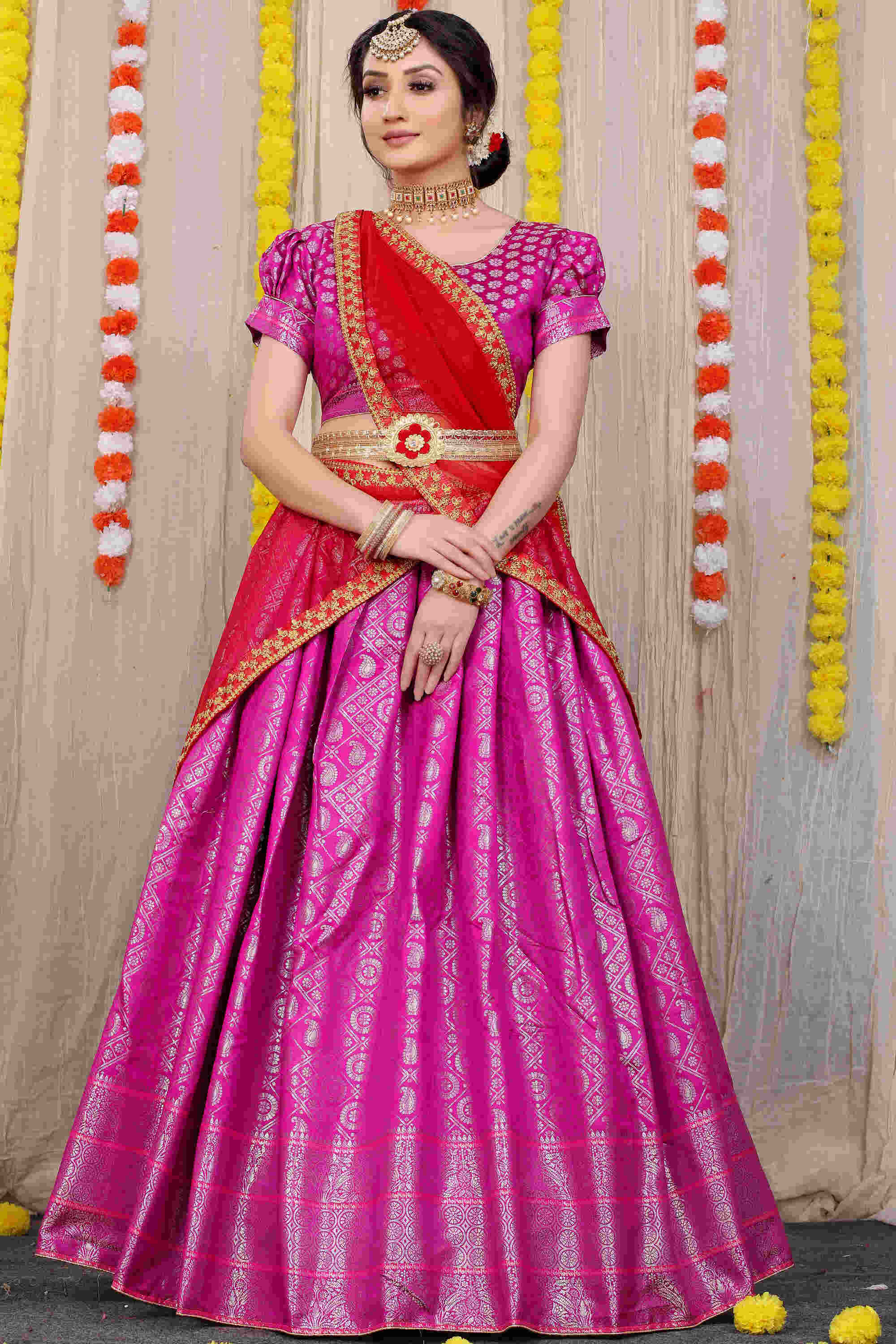 Pink color kanchipuram lehenga with zari weaving