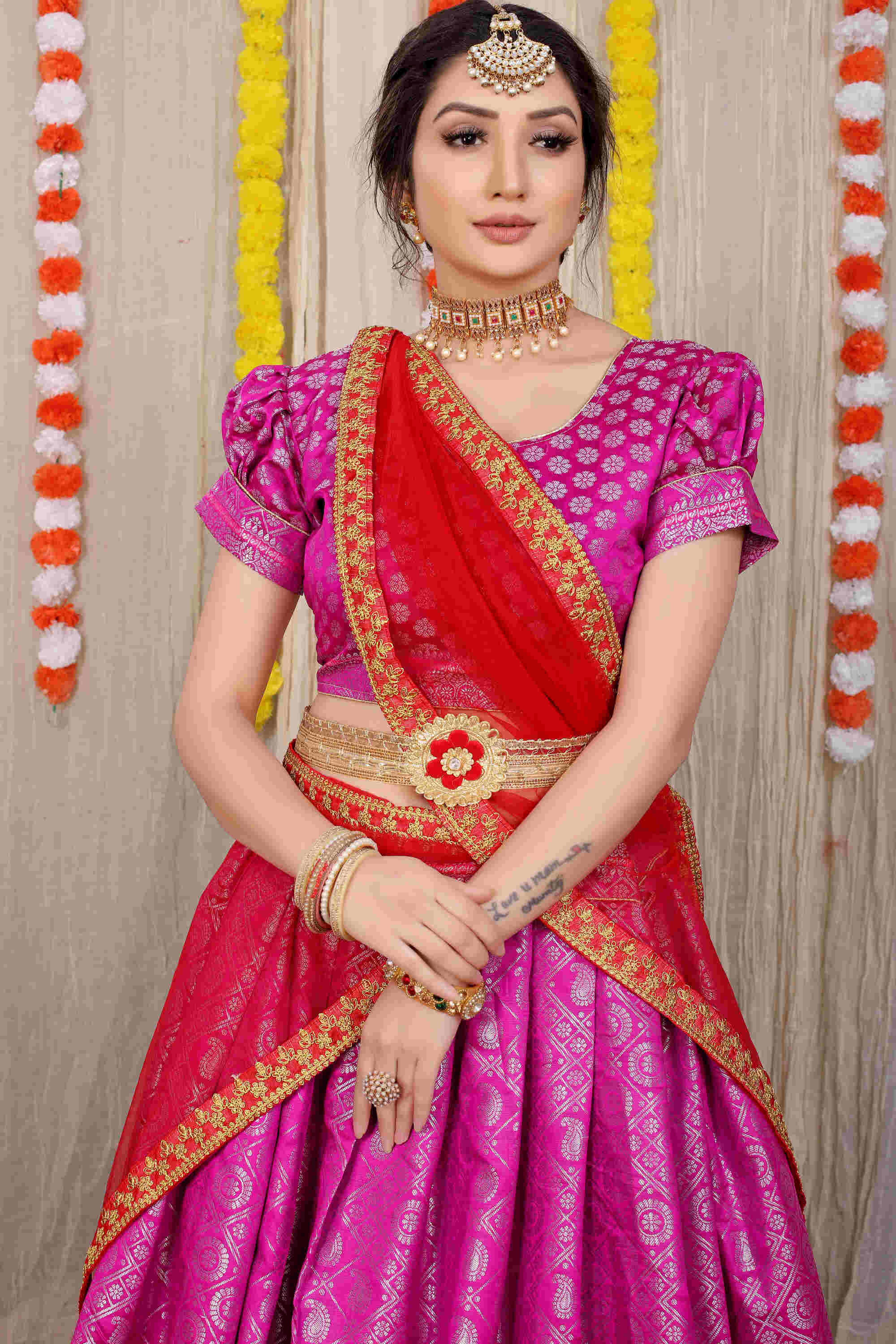 Pink color kanchipuram lehenga with zari weaving