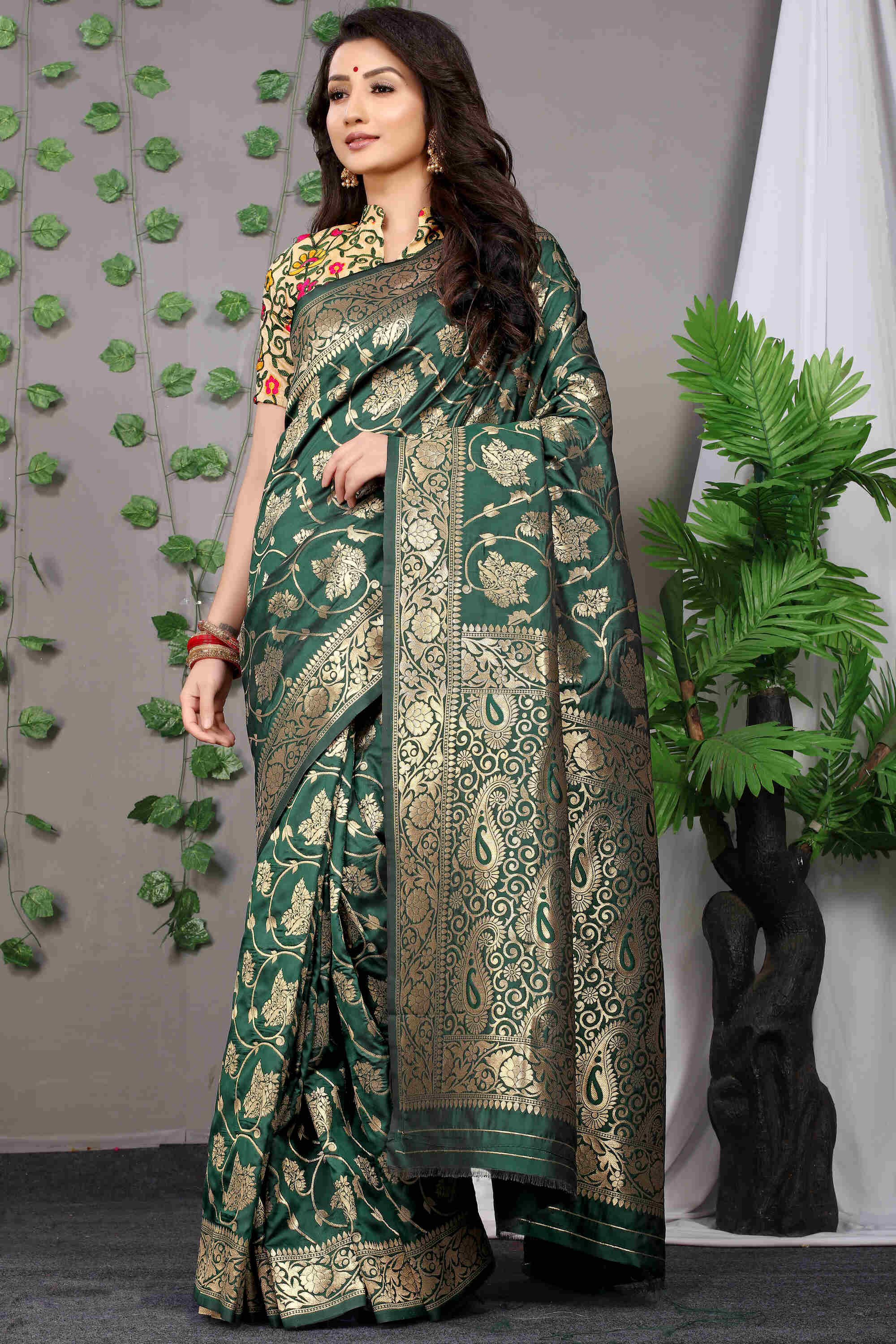 Dark Green Soft Banarasi Silk Woven Zari Saree