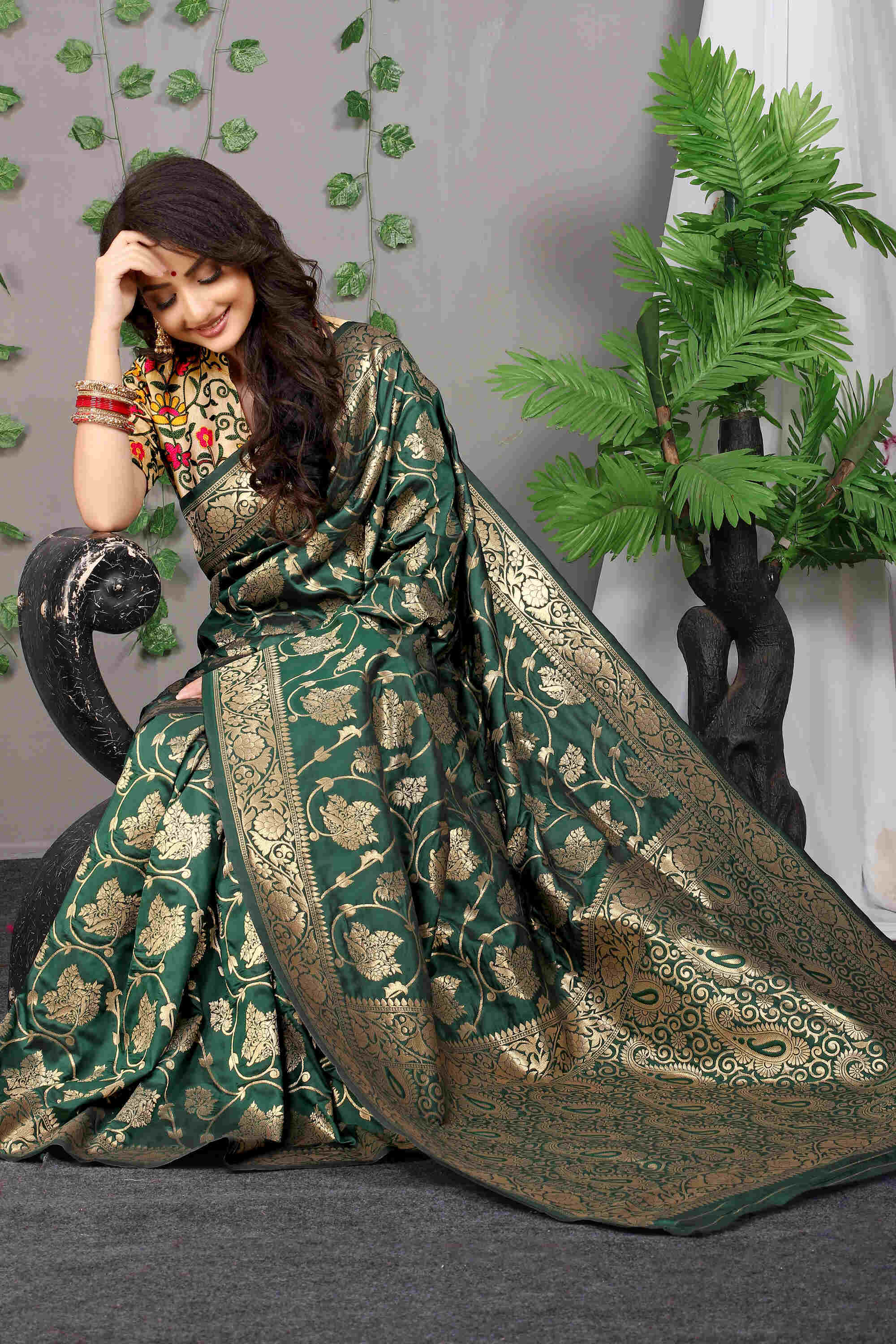 Dark Green Soft Banarasi Silk Woven Zari Saree