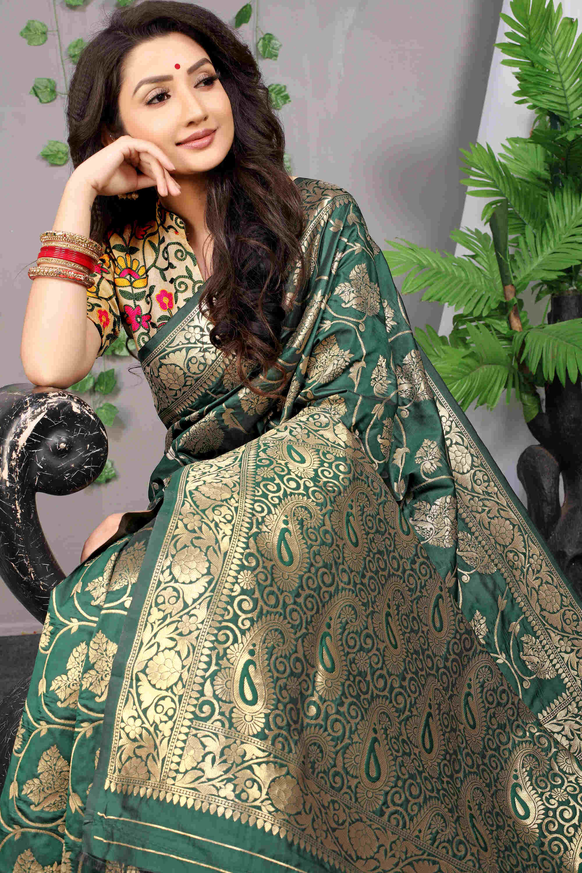 Dark Green Soft Banarasi Silk Woven Zari Saree