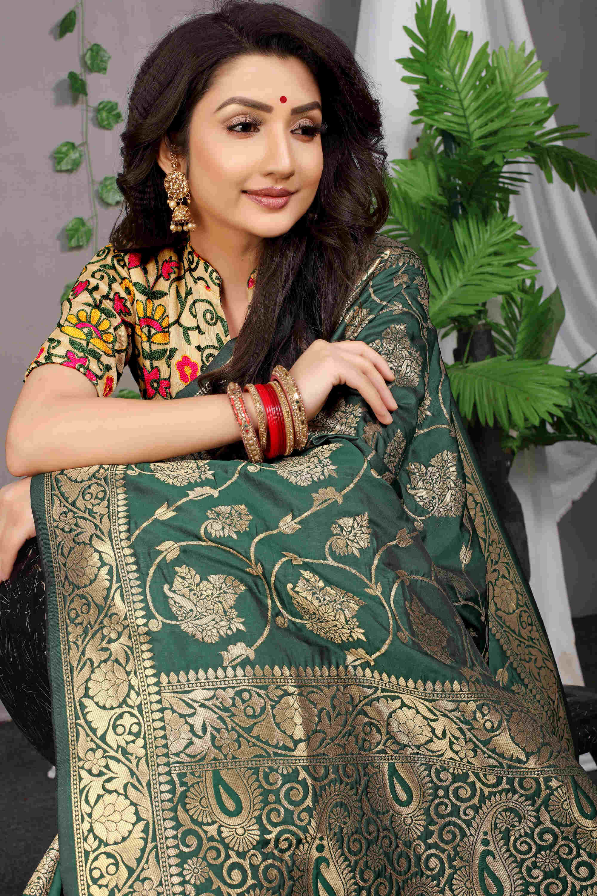 Dark Green Soft Banarasi Silk Woven Zari Saree