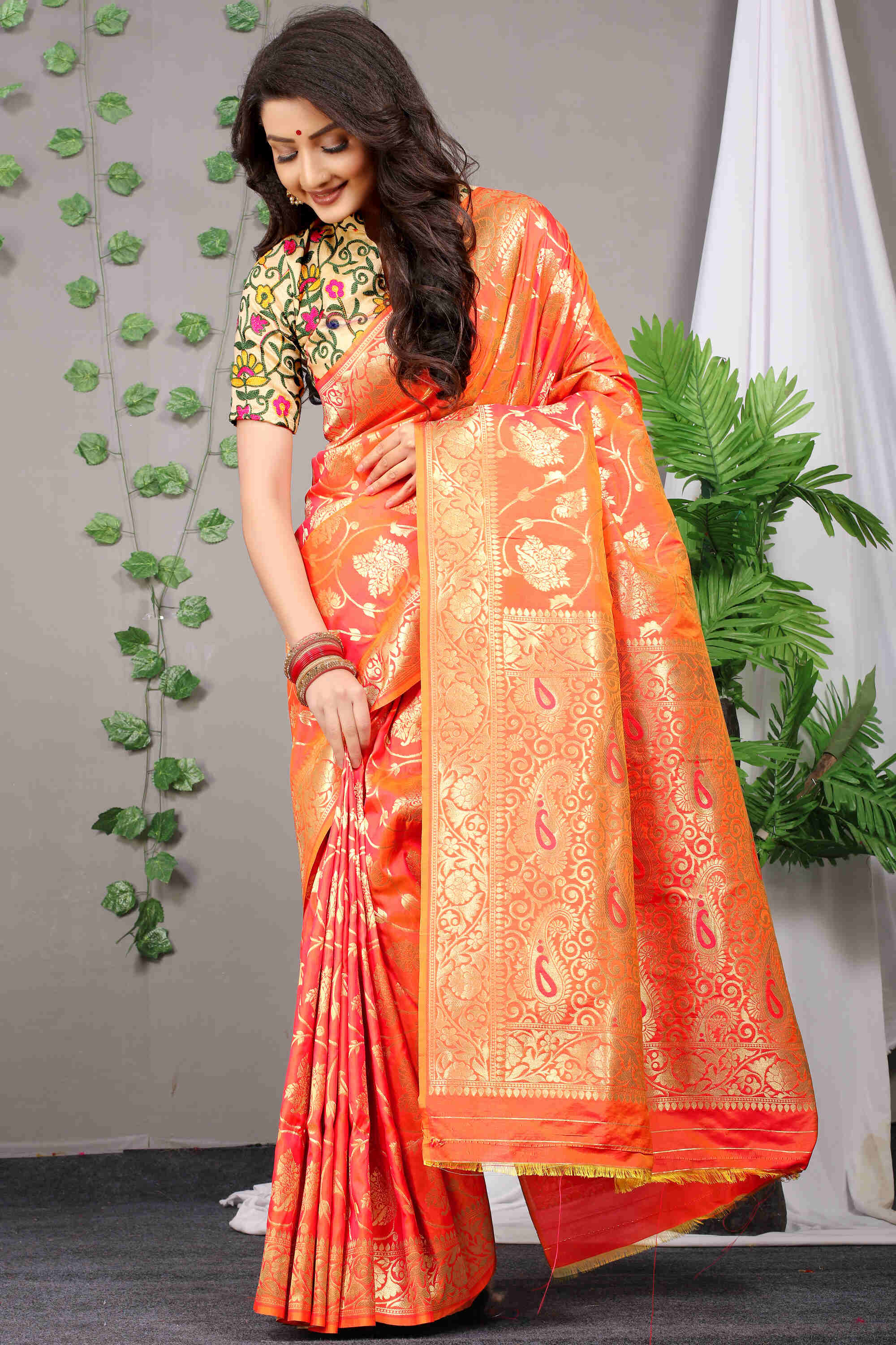 Orange Soft Banarasi Silk Woven Zari Saree