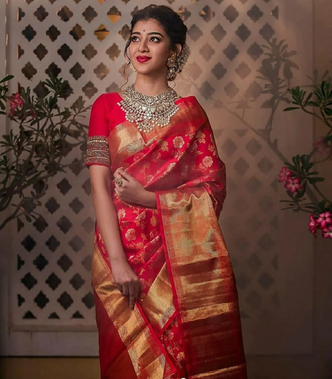 Red Soft Banarasi Silk Saree With Blouse Piece