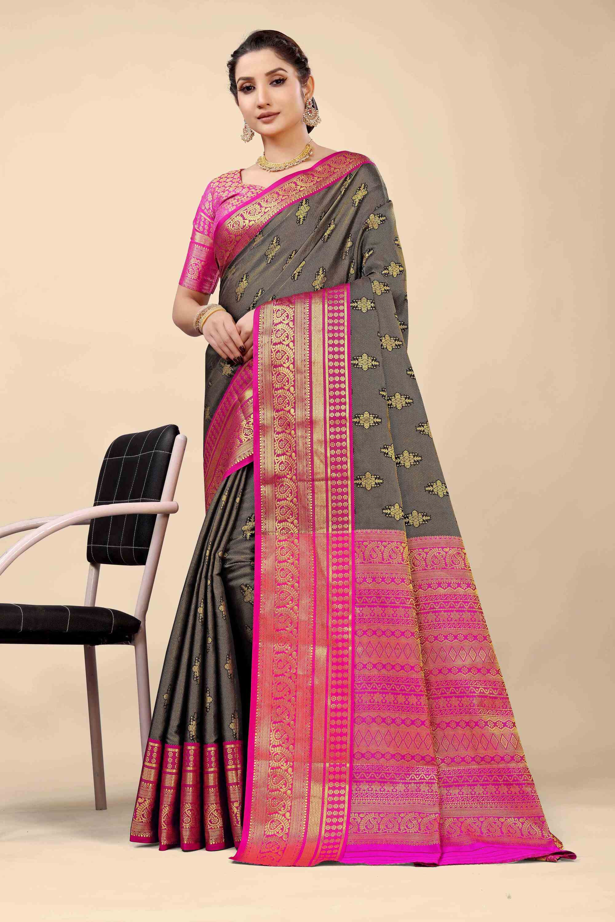 Black Soft Kanjivaram Silk Woven Zari Saree