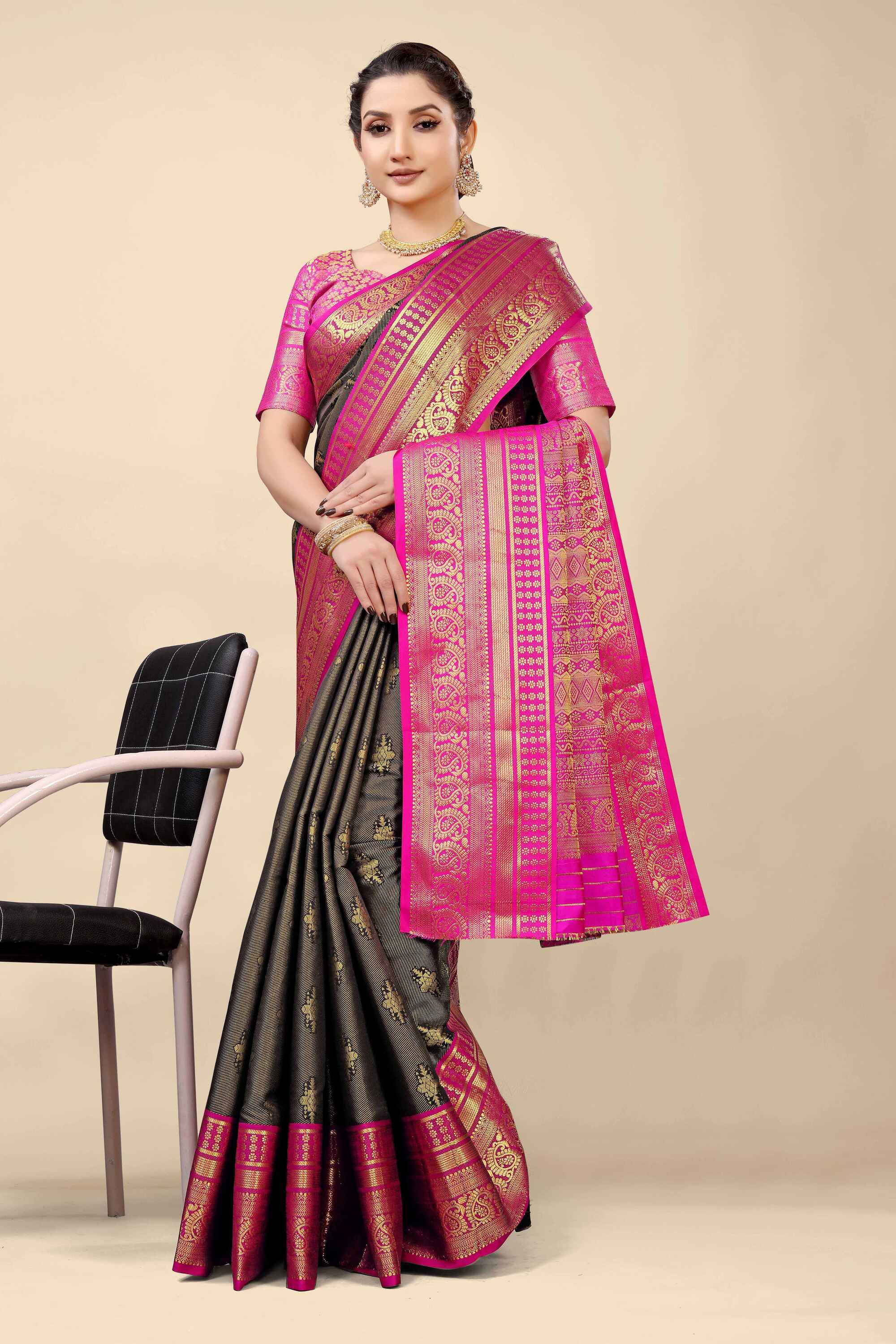 Black Soft Kanjivaram Silk Woven Zari Saree