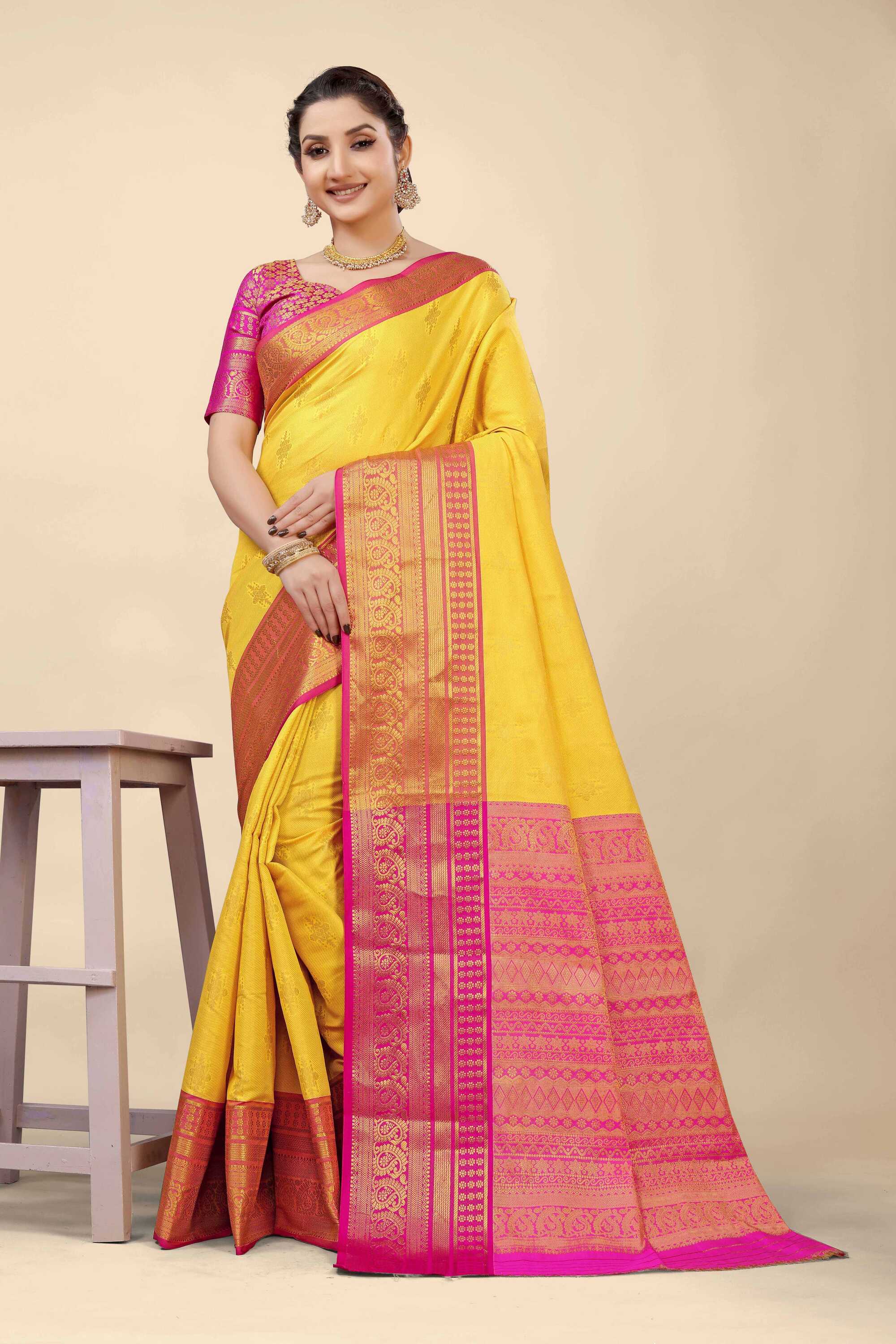 Yellow Kanjivaram Silk Woven Zari Saree