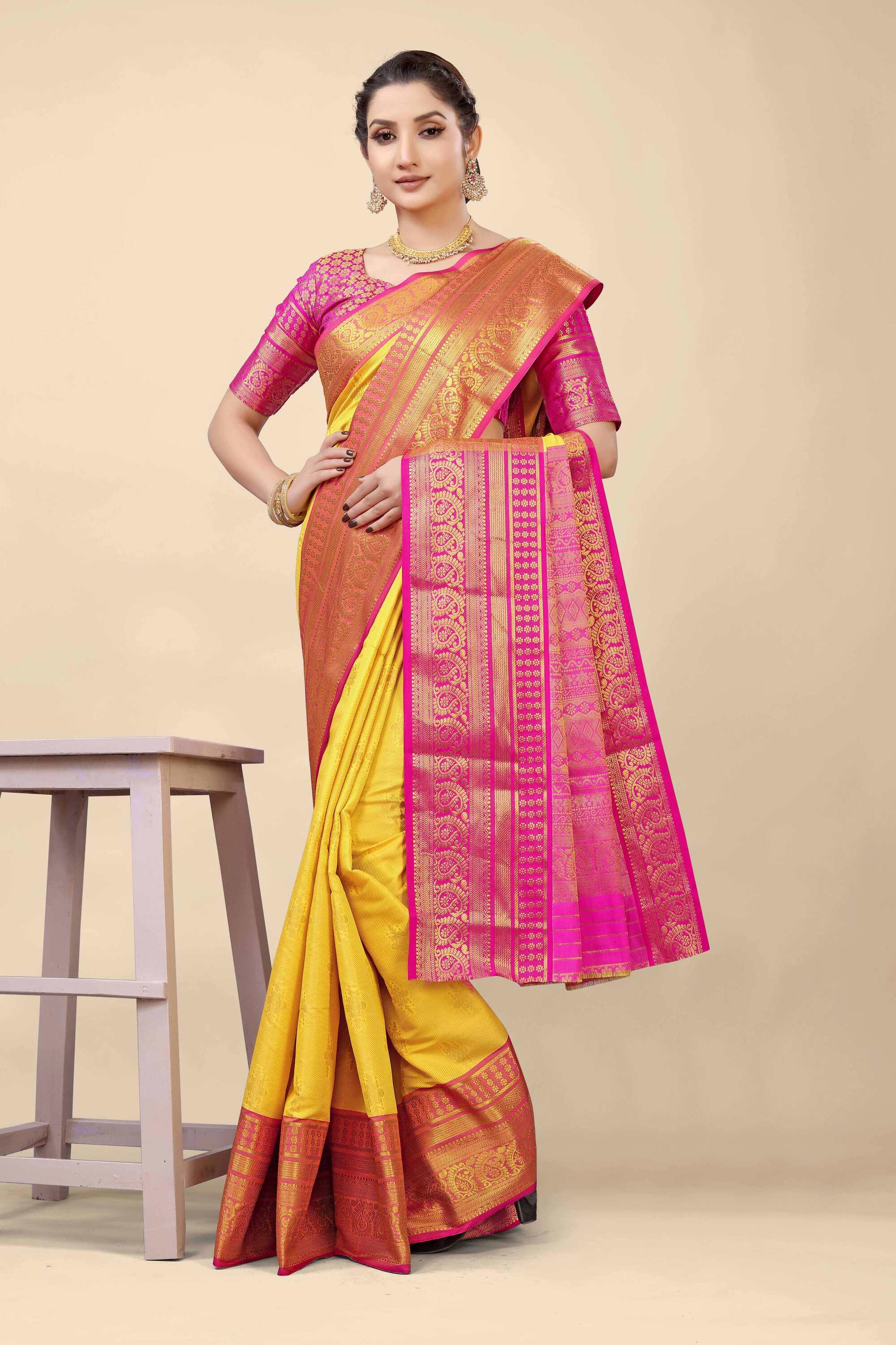 Yellow Kanjivaram Silk Woven Zari Saree