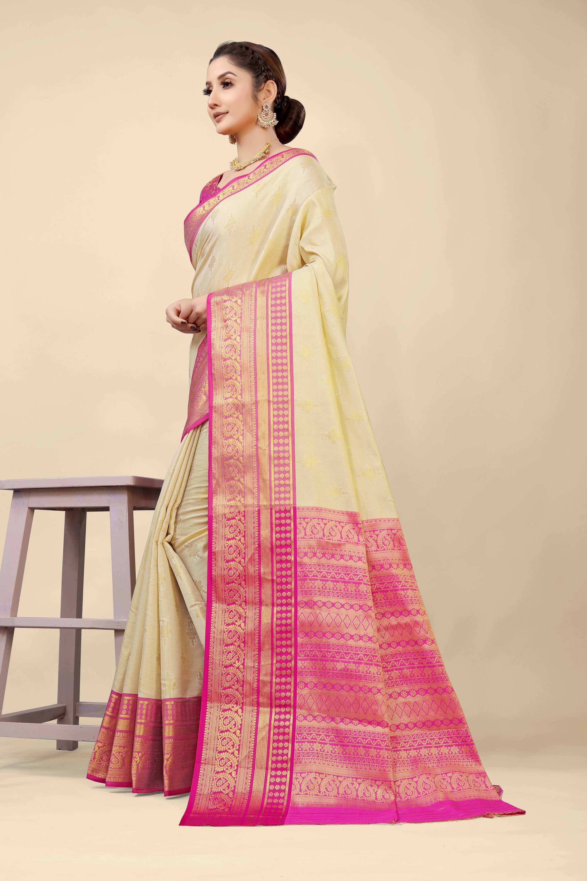 Cream Kanjivaram Silk Woven Zari Saree