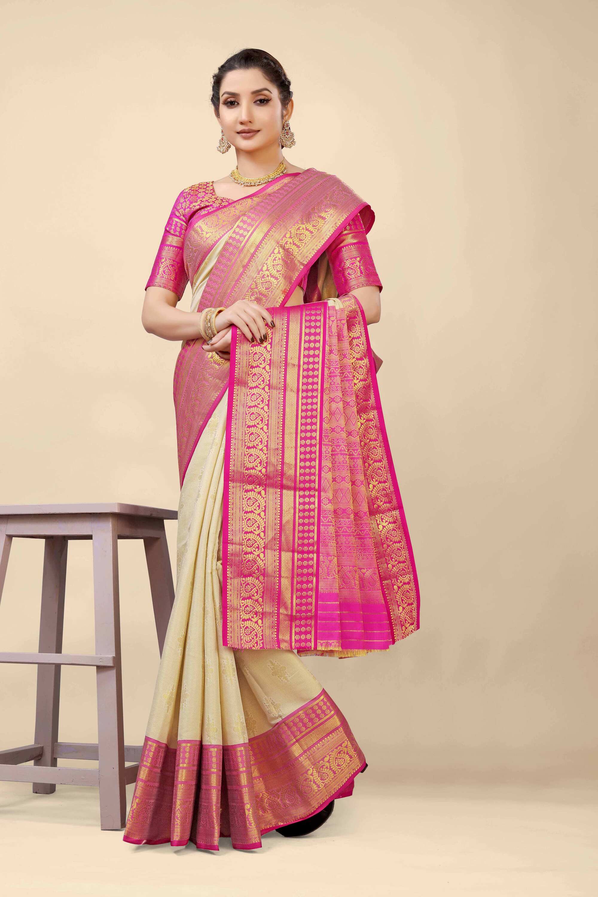 Cream Kanjivaram Silk Woven Zari Saree