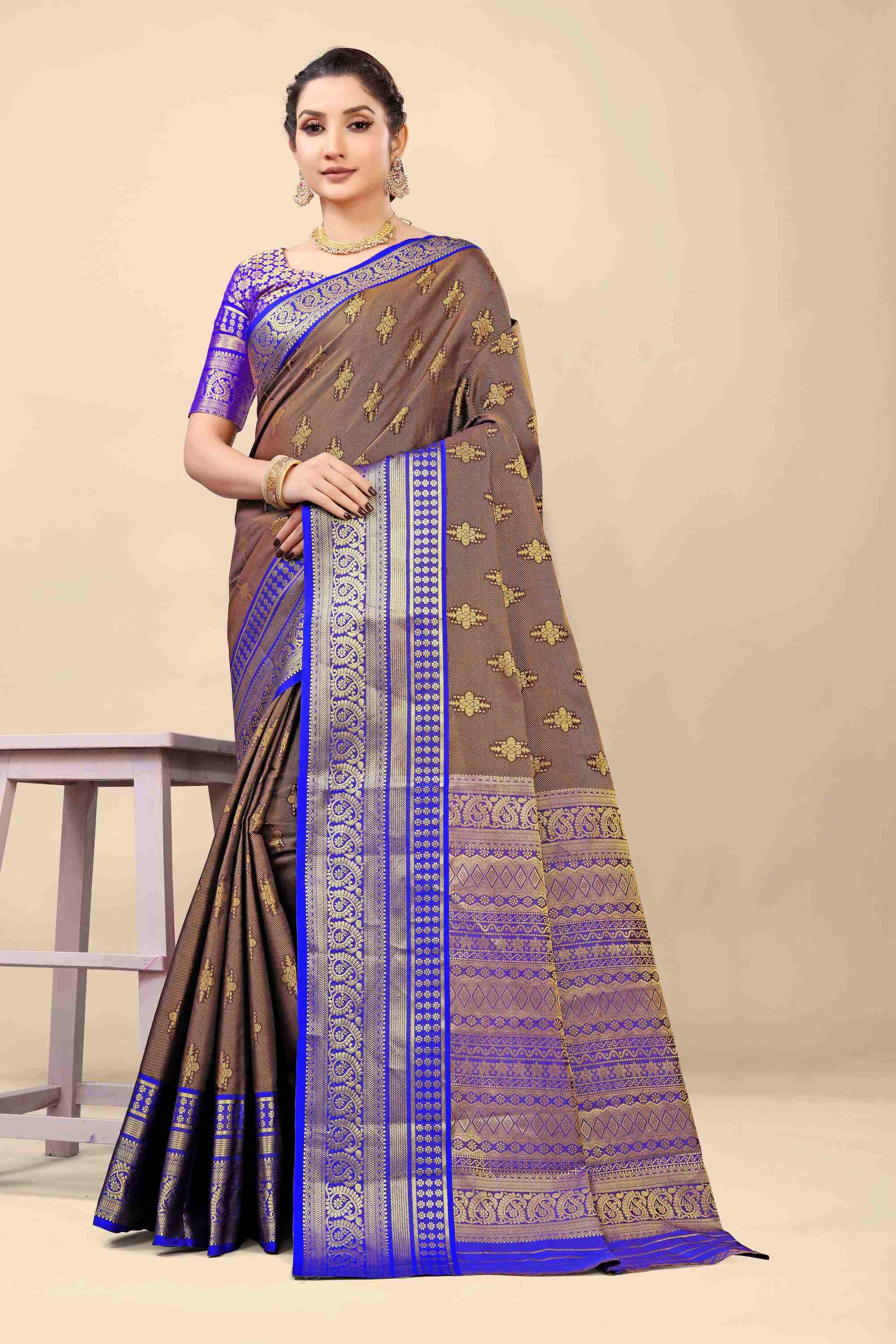 Brown Kanjivaram Silk Woven Zari Saree with Blouse Piece