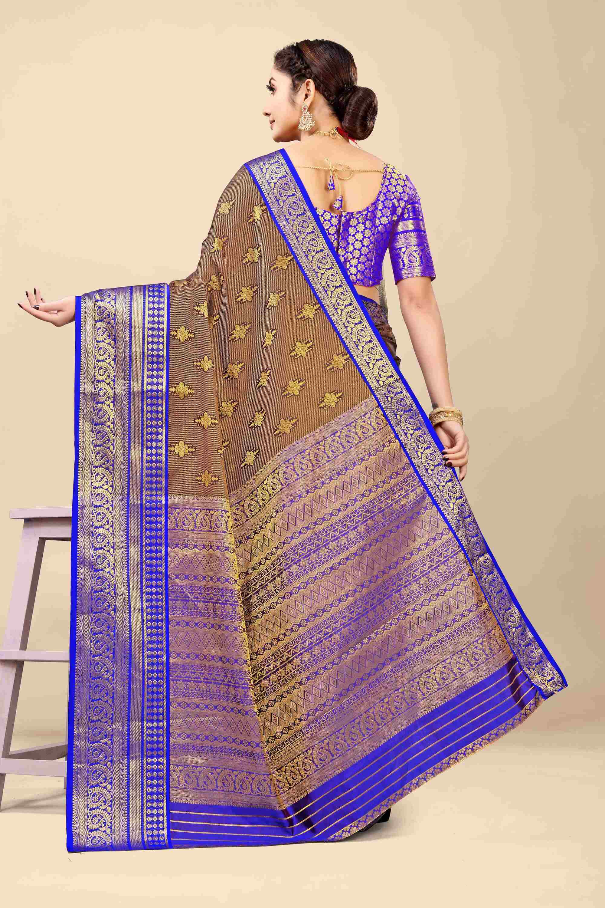 Brown Kanjivaram Silk Woven Zari Saree with Blouse Piece