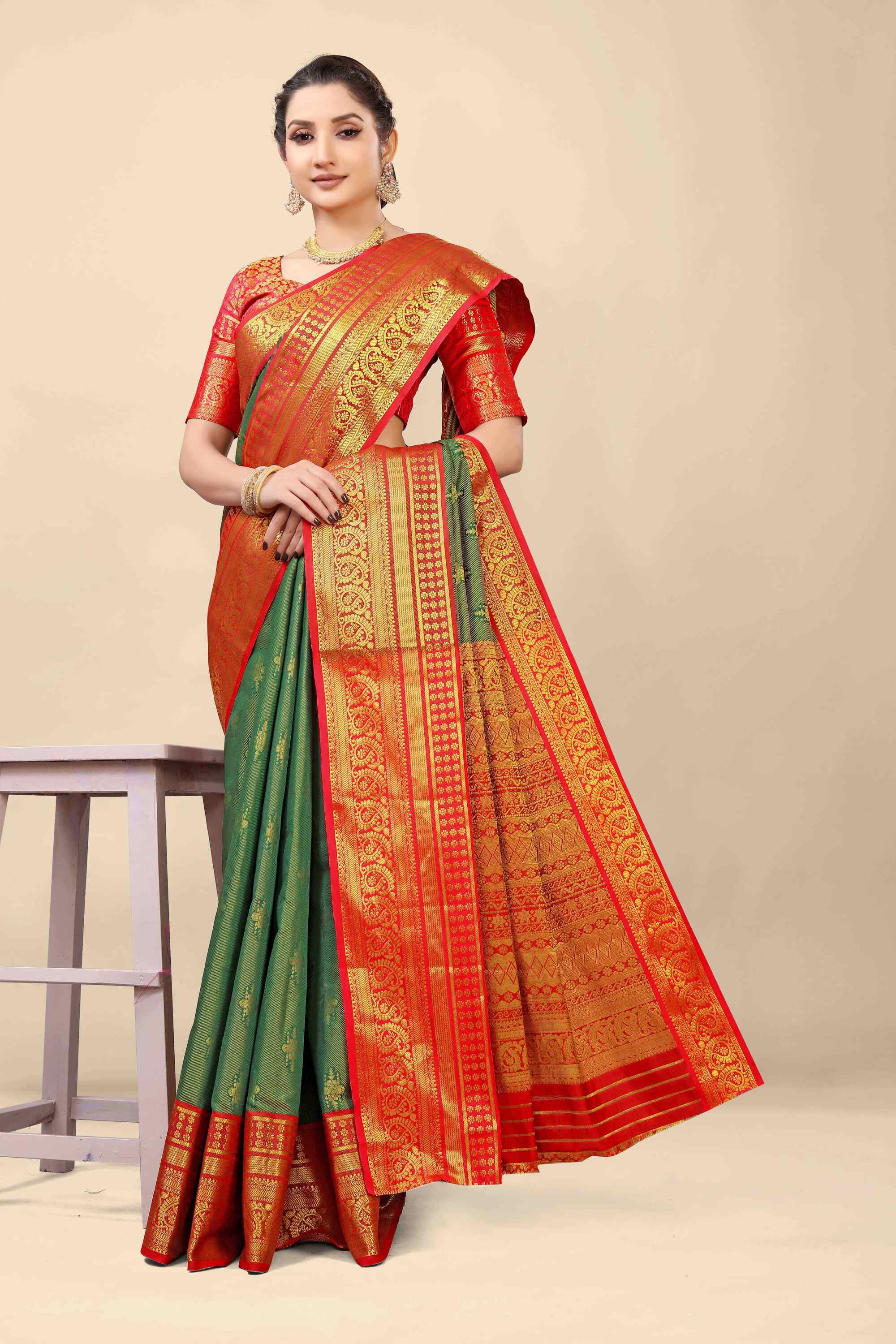 Dark Green Kanjivaram Silk Woven Zari Saree