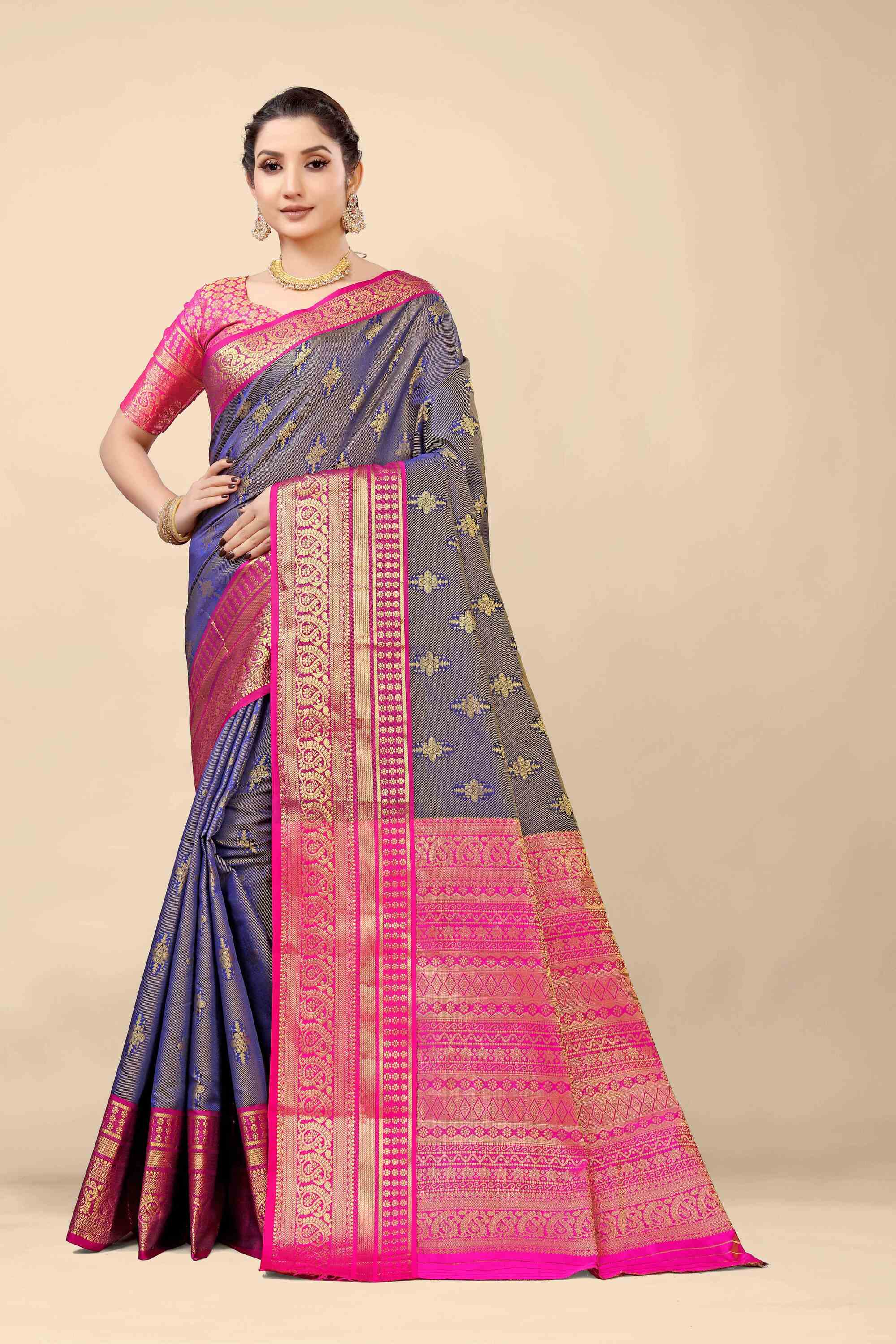 Navy Blue Kanjivaram Silk Woven Zari Saree