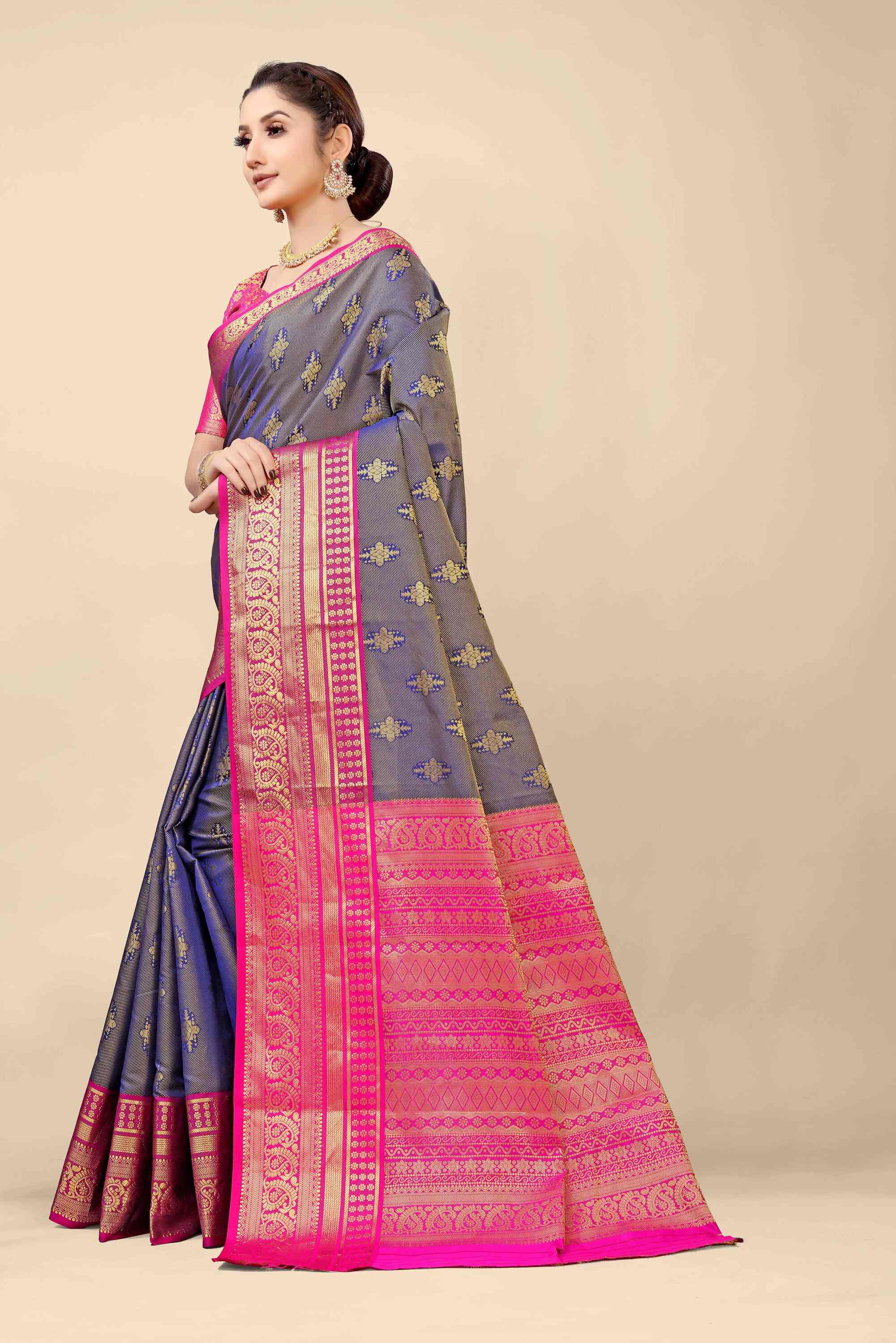 Navy Blue Kanjivaram Silk Woven Zari Saree