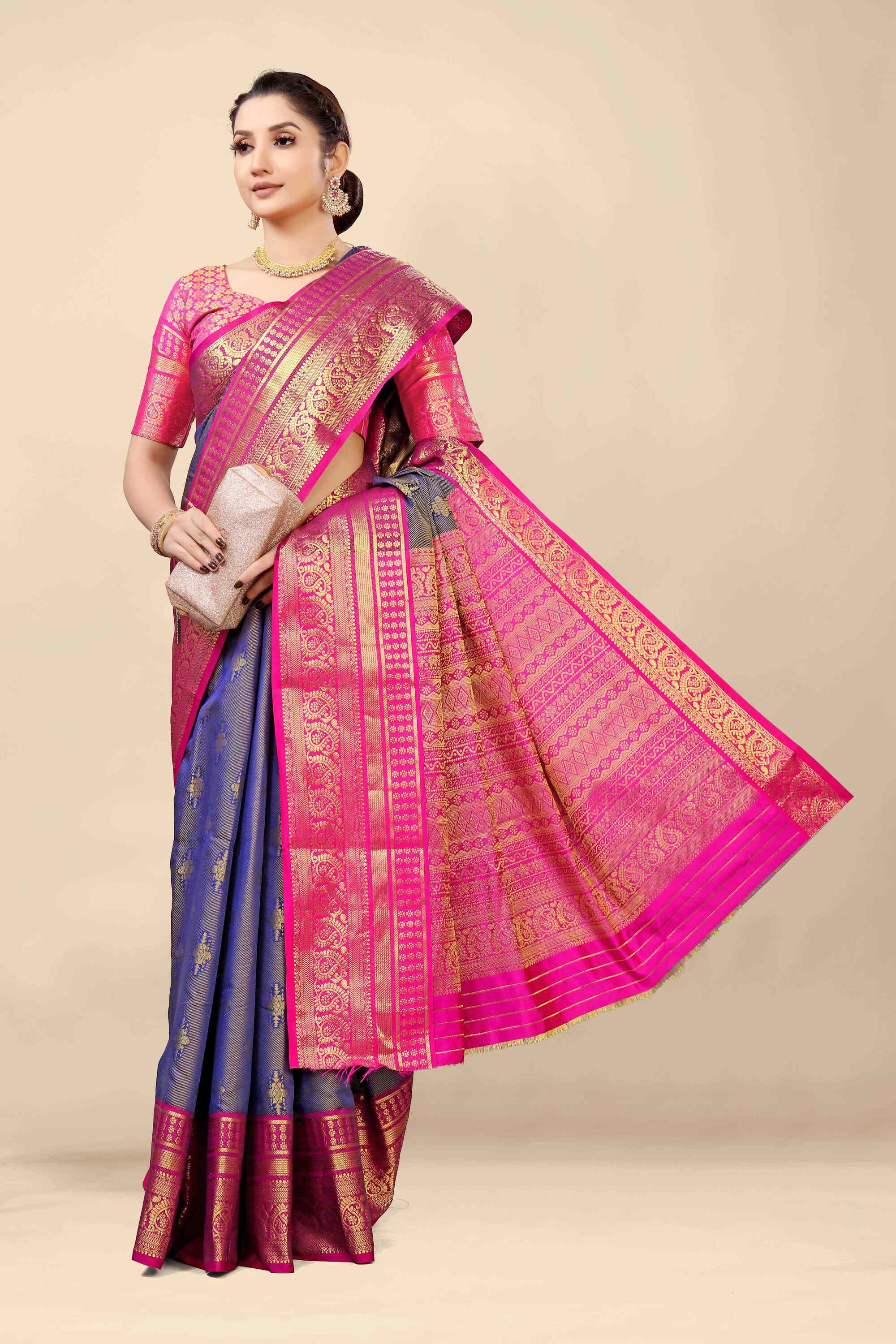 Navy Blue Kanjivaram Silk Woven Zari Saree