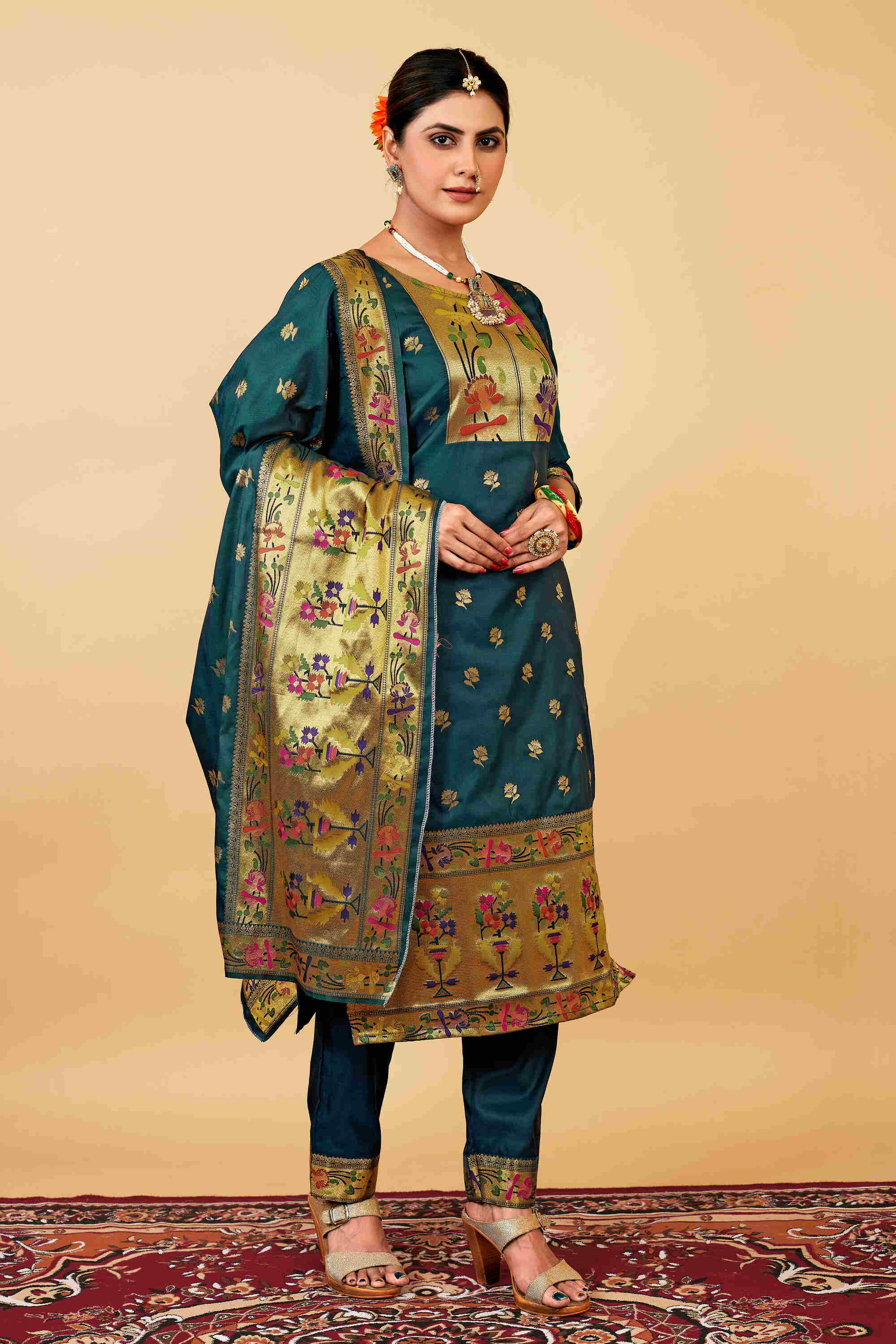 Rama color paithani silk unstitched Suit