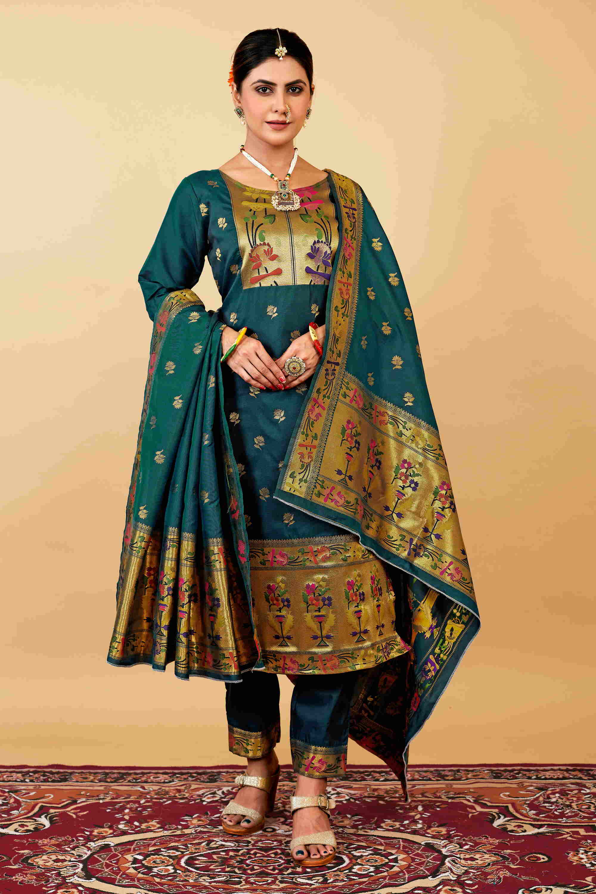 Rama color paithani silk unstitched Suit