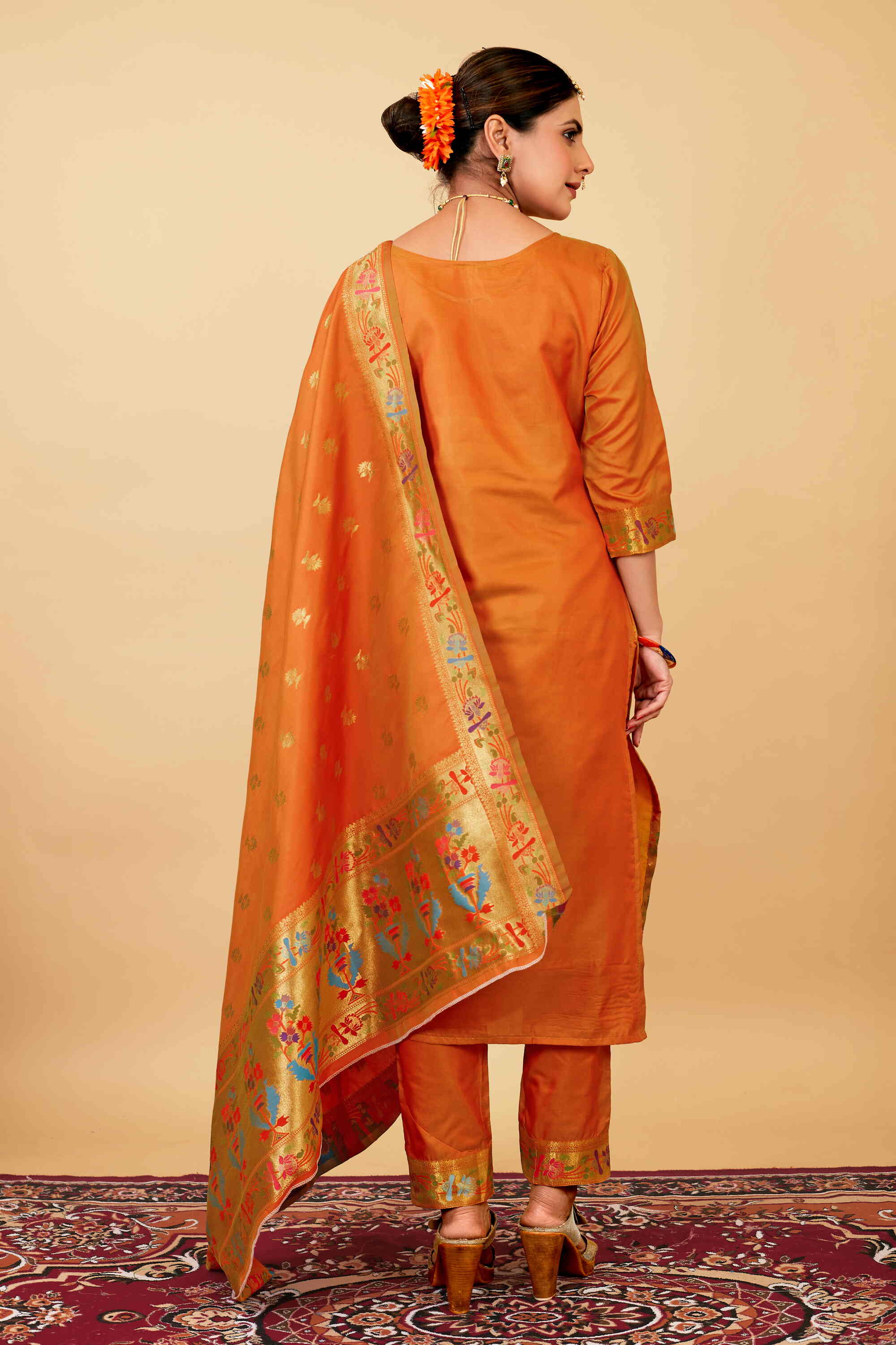 Orange color paithani silk unstitched Suit