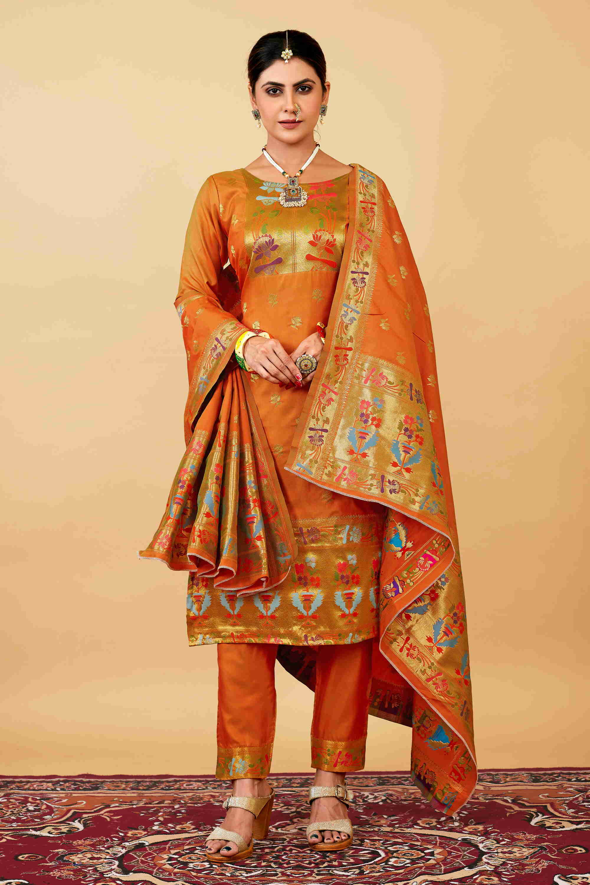 Orange color paithani silk unstitched Suit