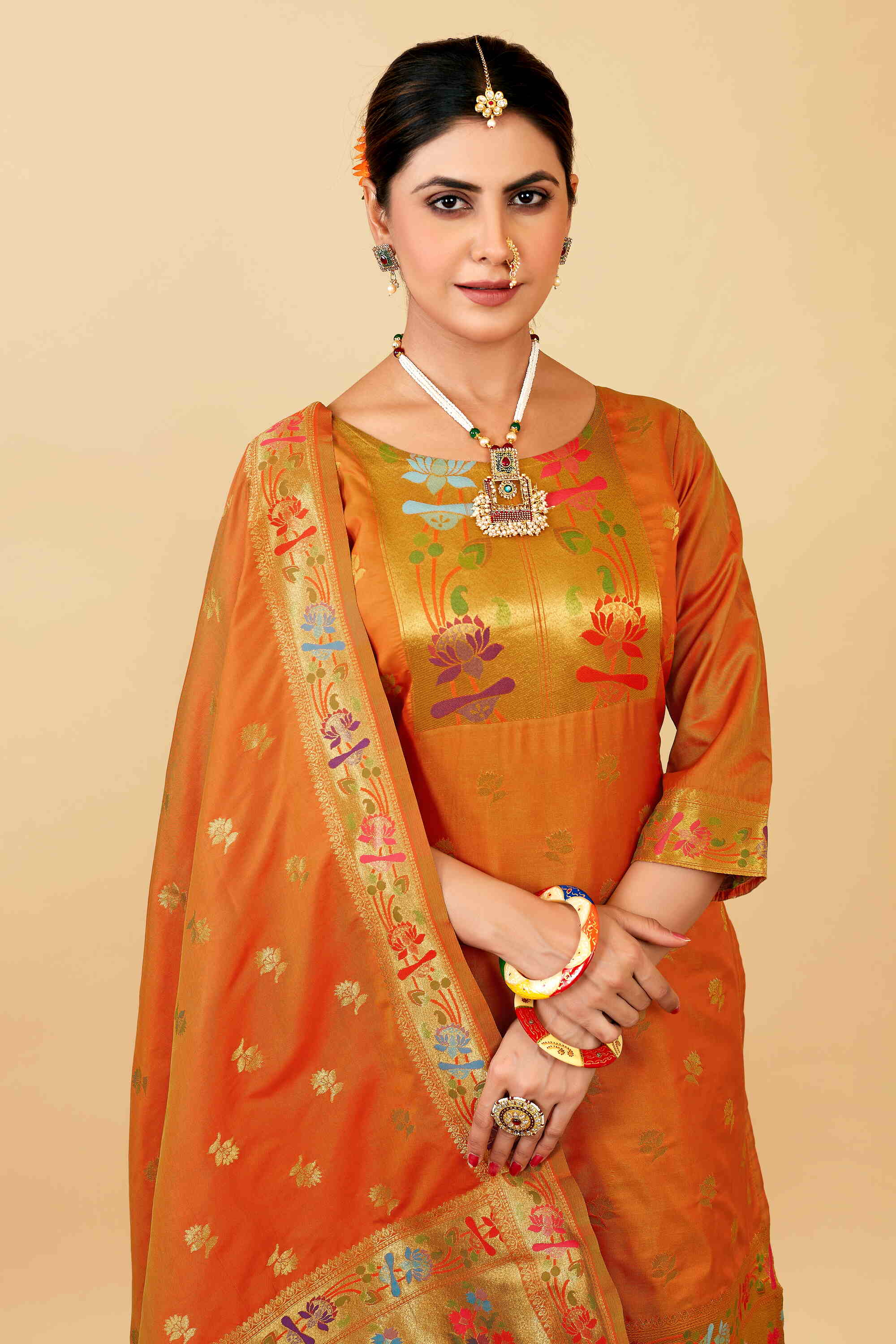 Orange color paithani silk unstitched Suit