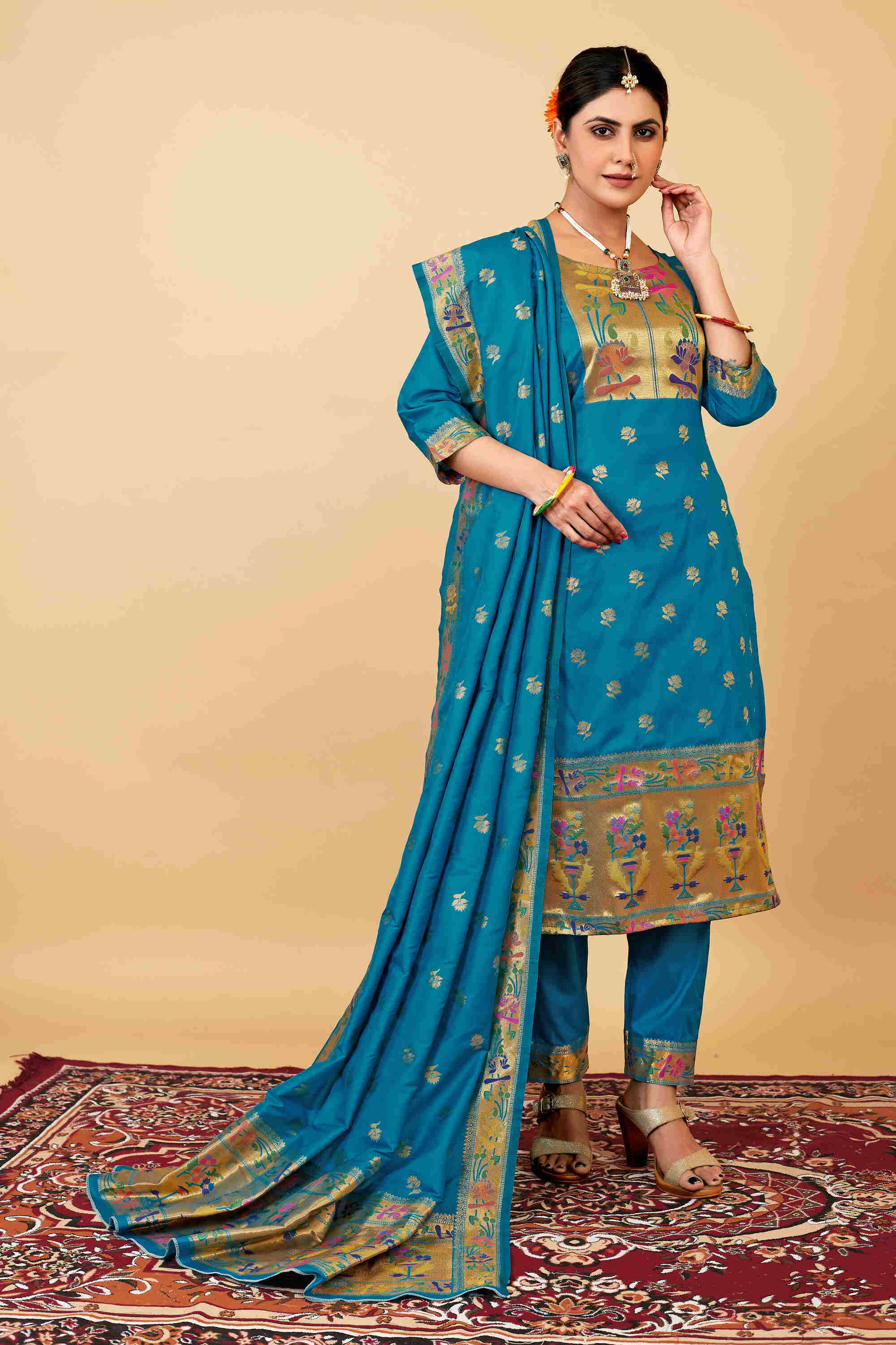 Firoji color paithani silk unstitched Suit