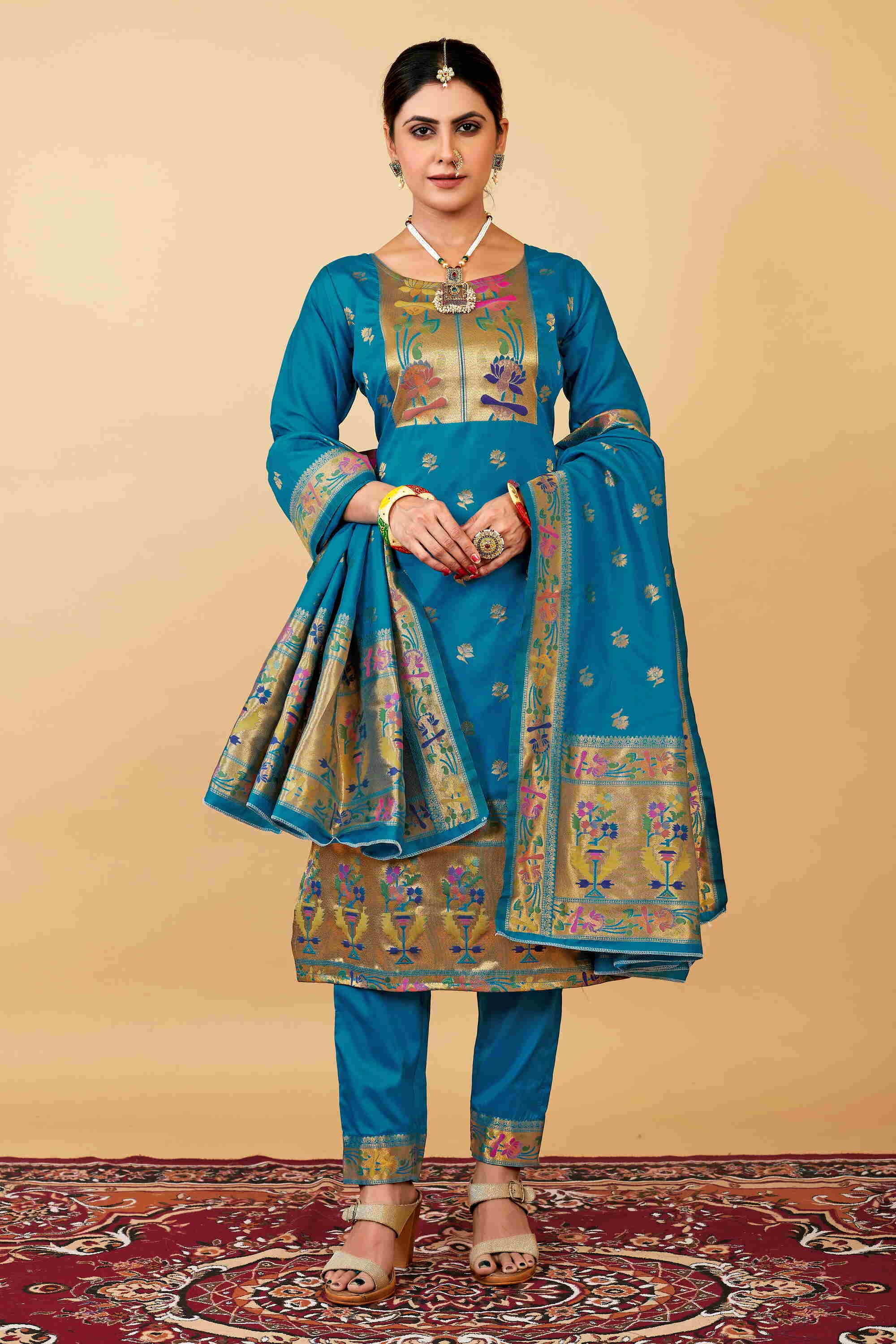 Firoji color paithani silk unstitched Suit