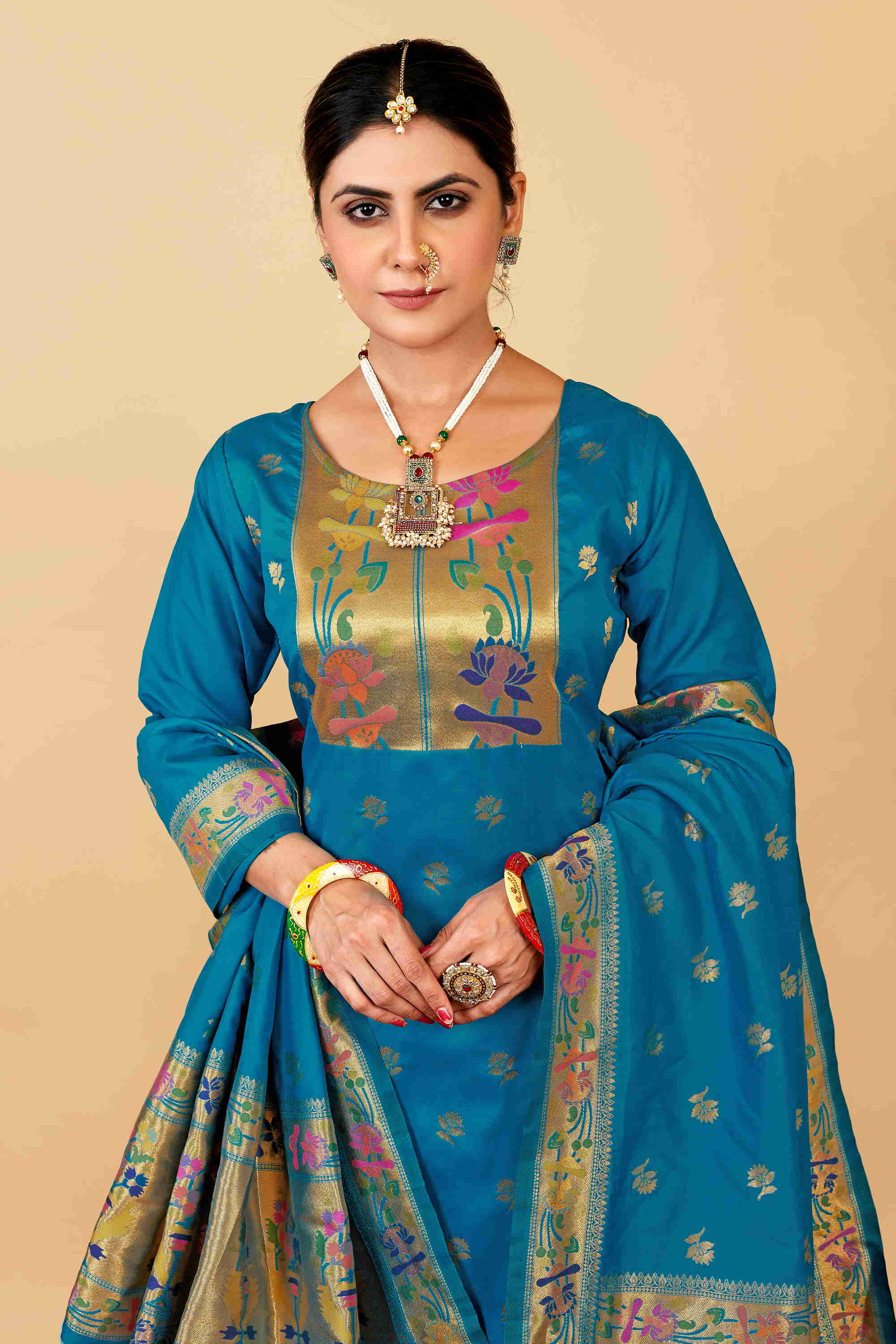 Firoji color paithani silk unstitched Suit